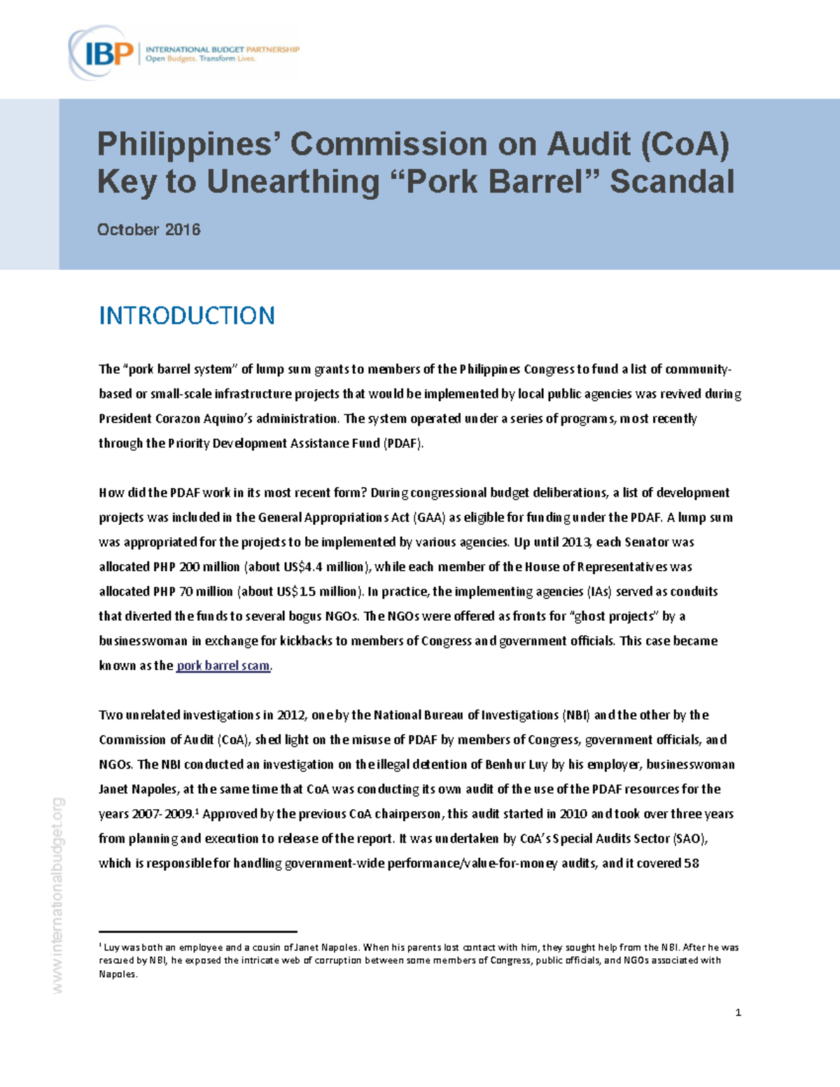 Ibp audit case study philippines pork barrel 2016 INTRODUCTION The