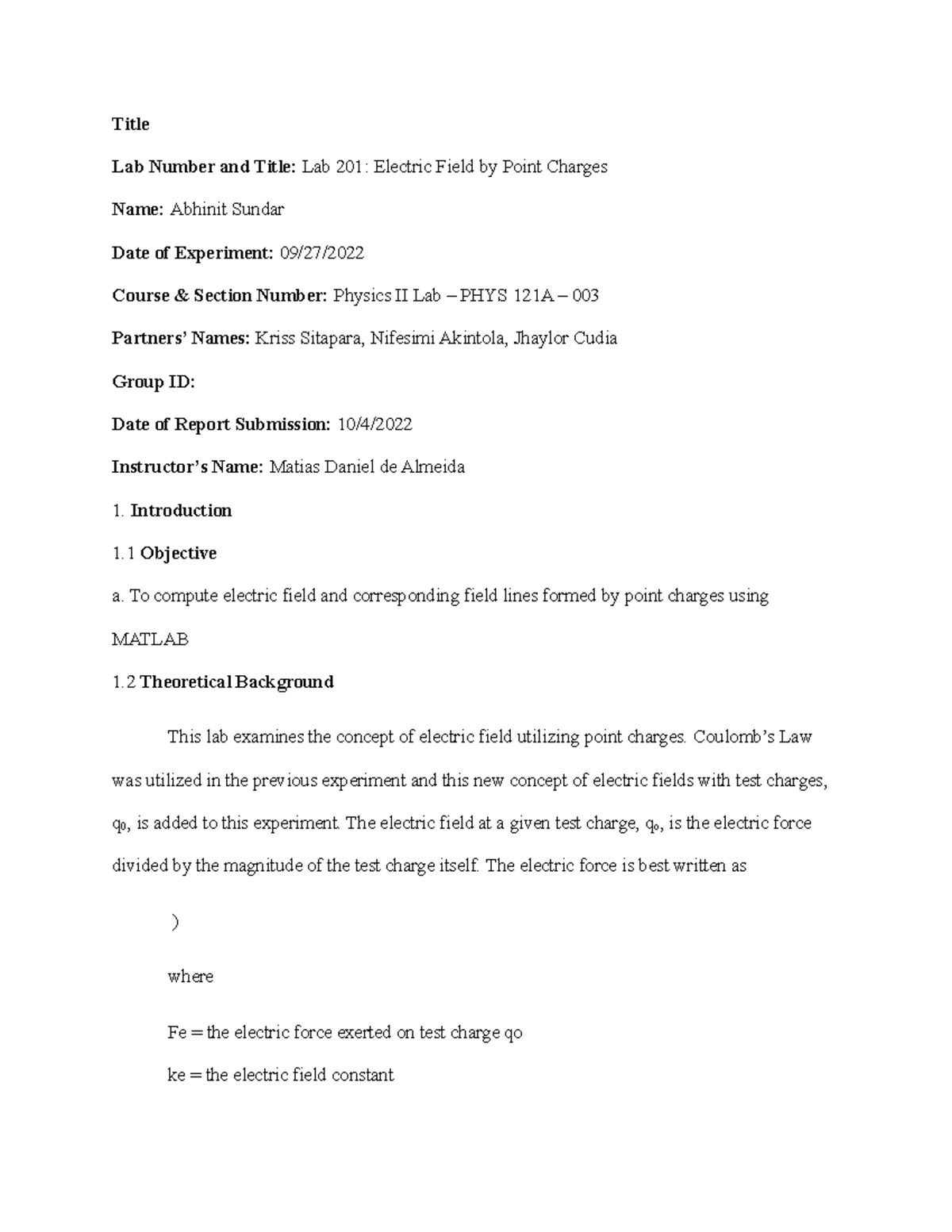 Lab 201 - Electric Field by Point Charges - Title Lab Number and Title ...
