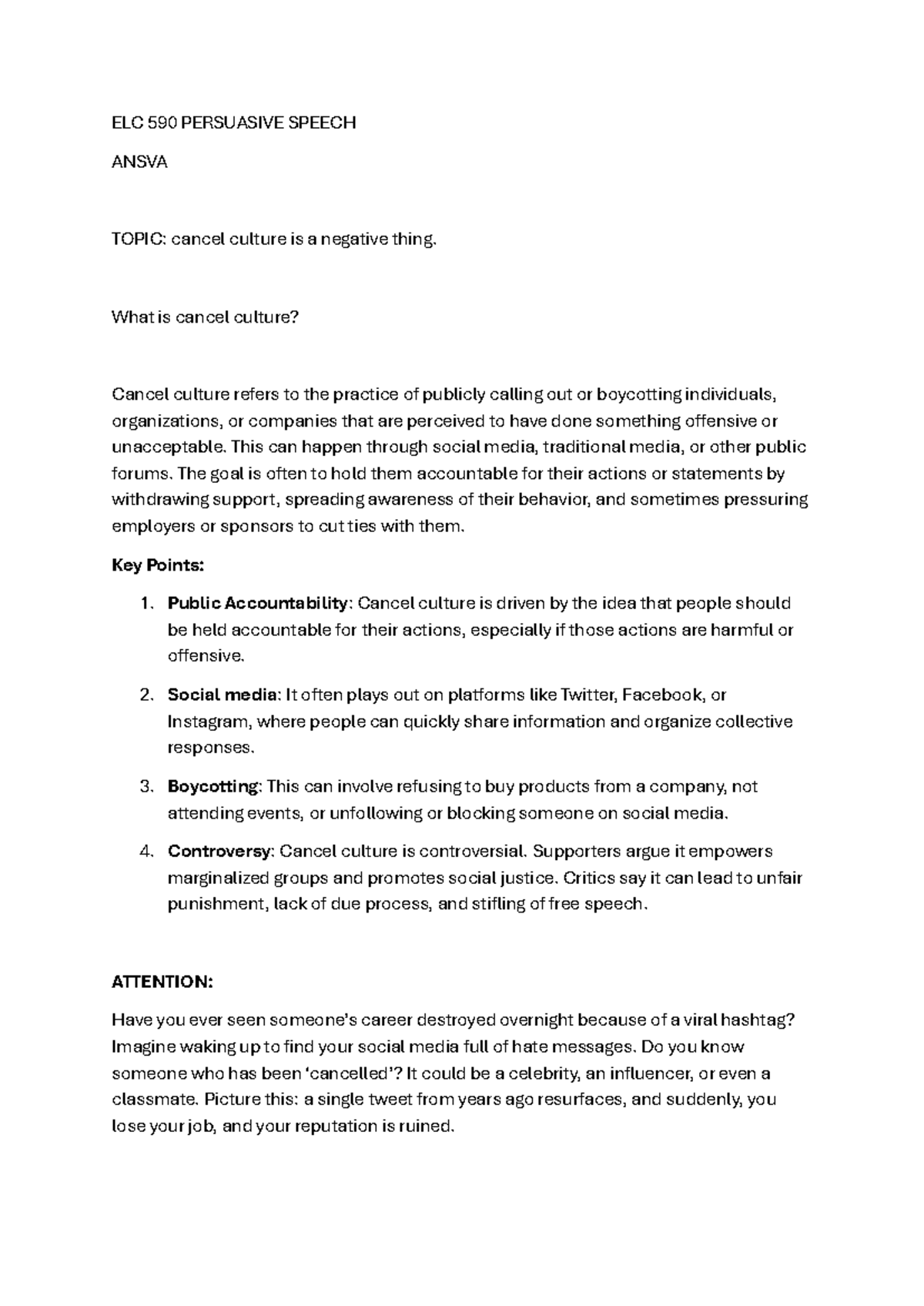 ELC 590 Persuasive Speech - ELC 590 PERSUASIVE SPEECH ANSVA TOPIC ...