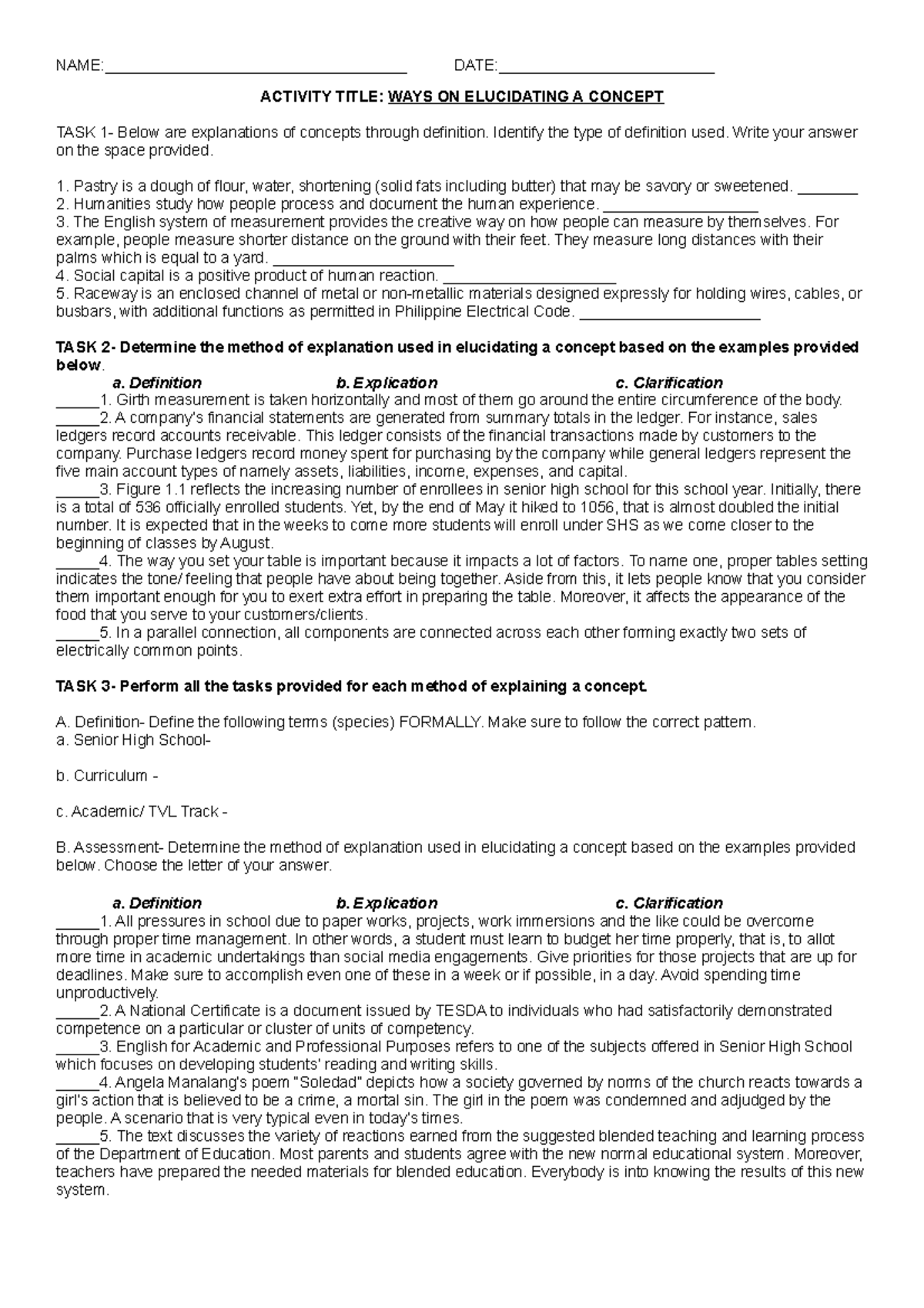 ACT. on ways on elucidating concept - NAME ...