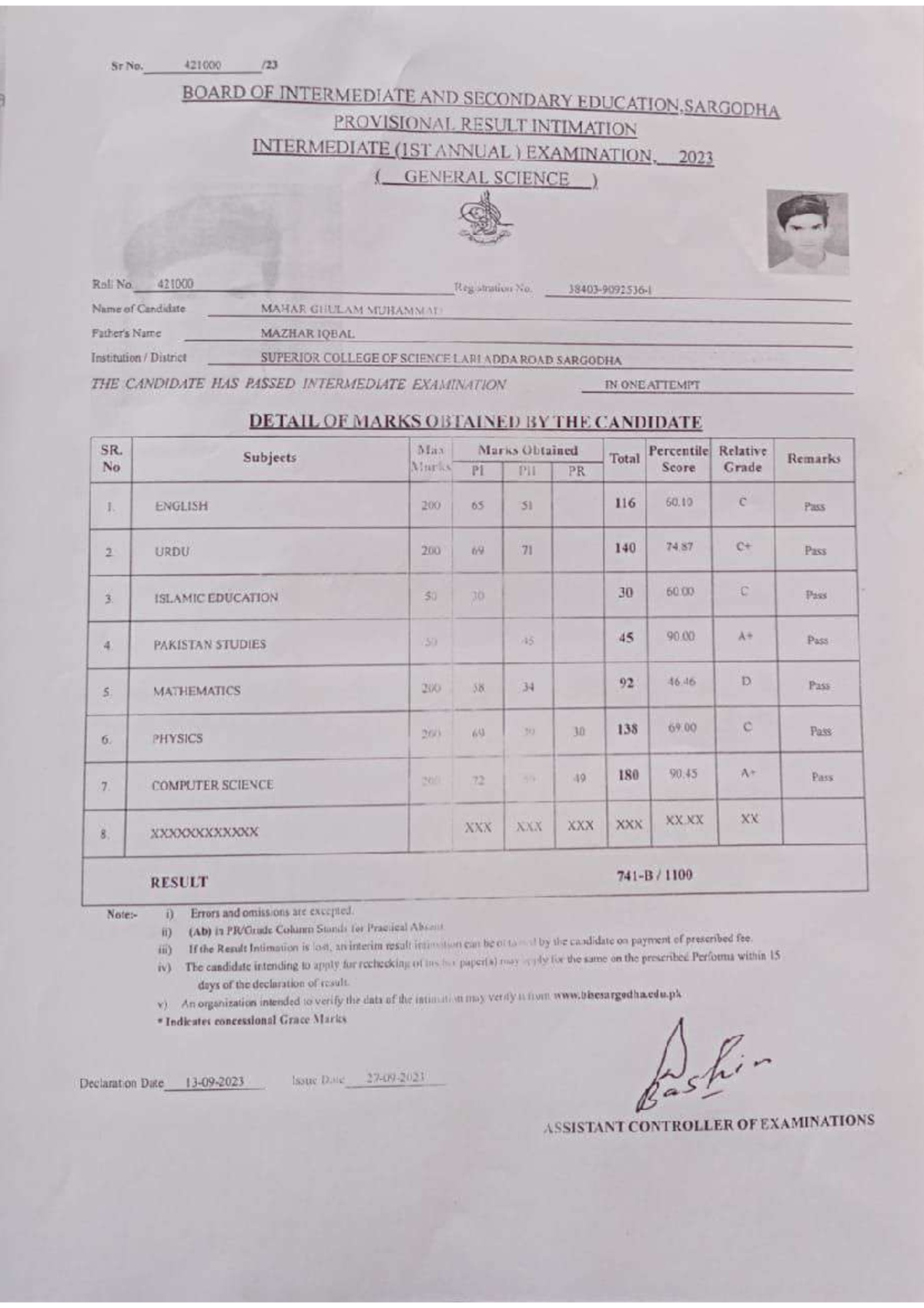 Inter marksheet - I am a student. - Bachelor Science in Computer ...
