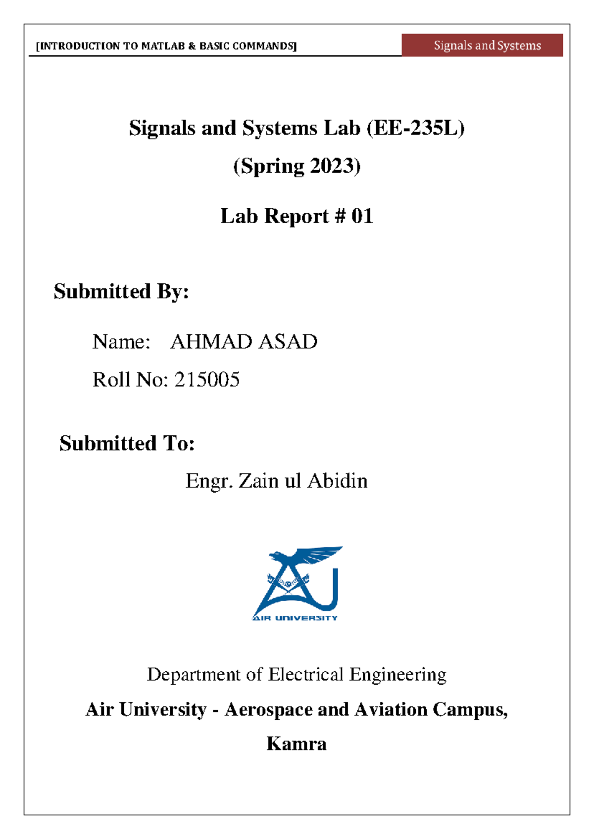 Matlab 1 - signal and systems lab 1 task - Signals and Systems Lab (EE ...