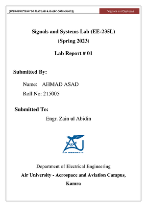 Ahmad Asad - Lab 2 (1) - signals and system lab 2 task - LAB NO # 02 ...