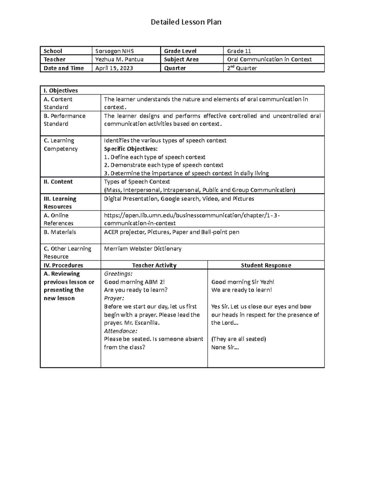 Sample Detailed Lesson PLAN PT1 - School Sorsogon NHS Grade Level Grade ...