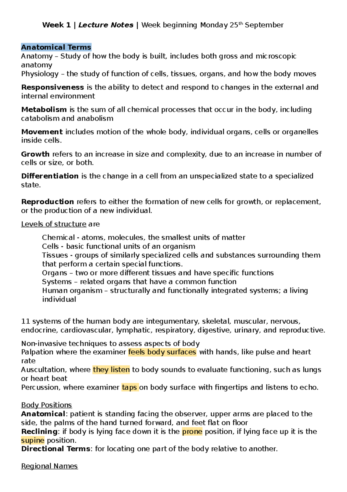 Anatomical Terms - Week 1 | Lecture Notes | Week beginning Monday 25th ...