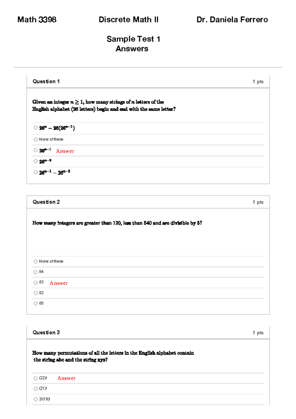 DM Sample Test 1 - Discrete Math Practice tests - Sample Test 1 Answers ...