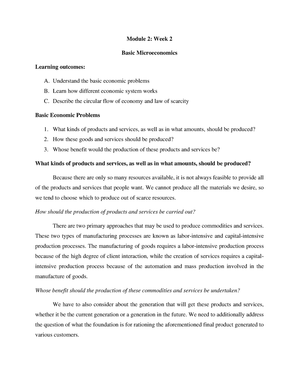 Module 2- Basic Microeconomics Lecture Notes Week 2 - Module 2: Week 2 ...