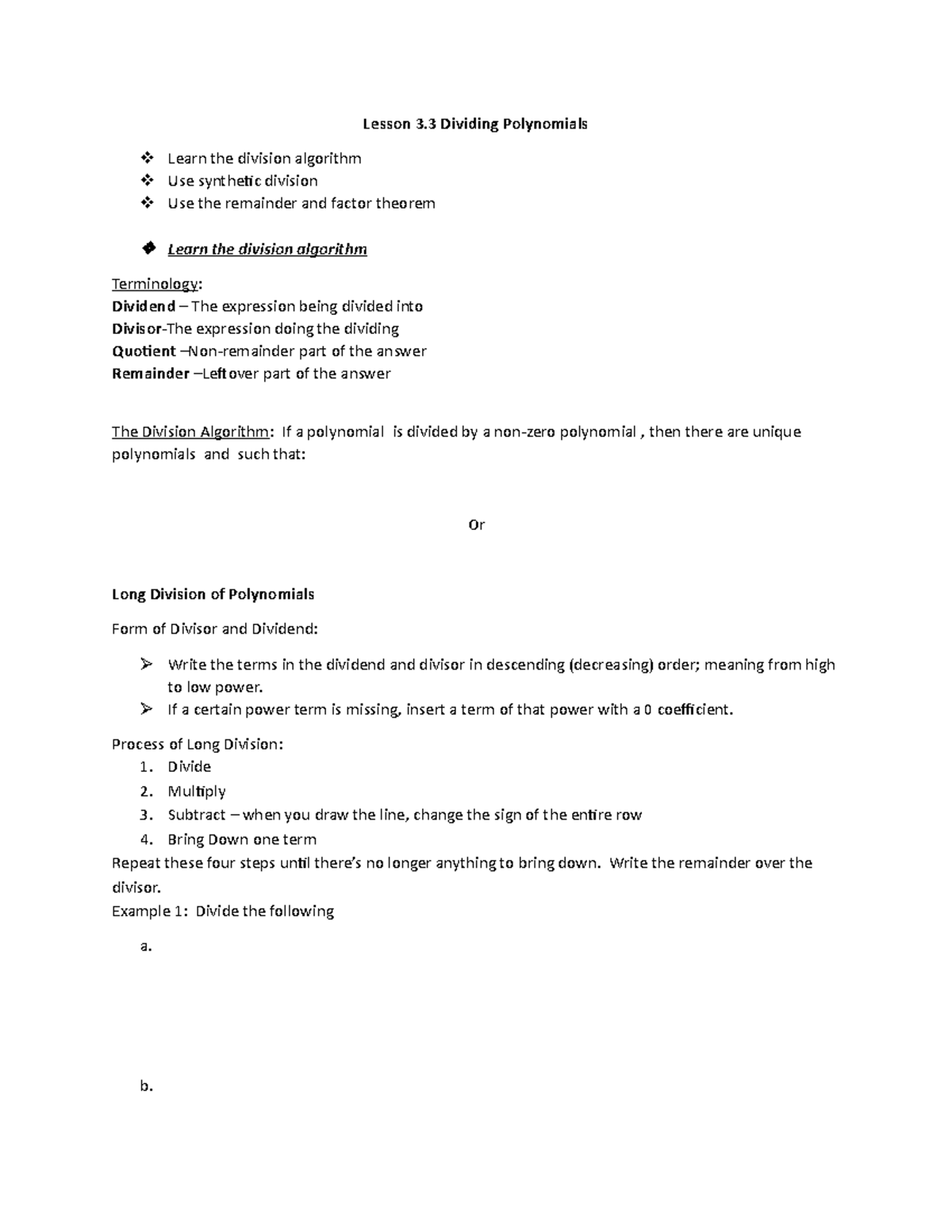 MTH125 Lesson 3 - notes and problems - Lesson 3 Dividing Polynomials ...