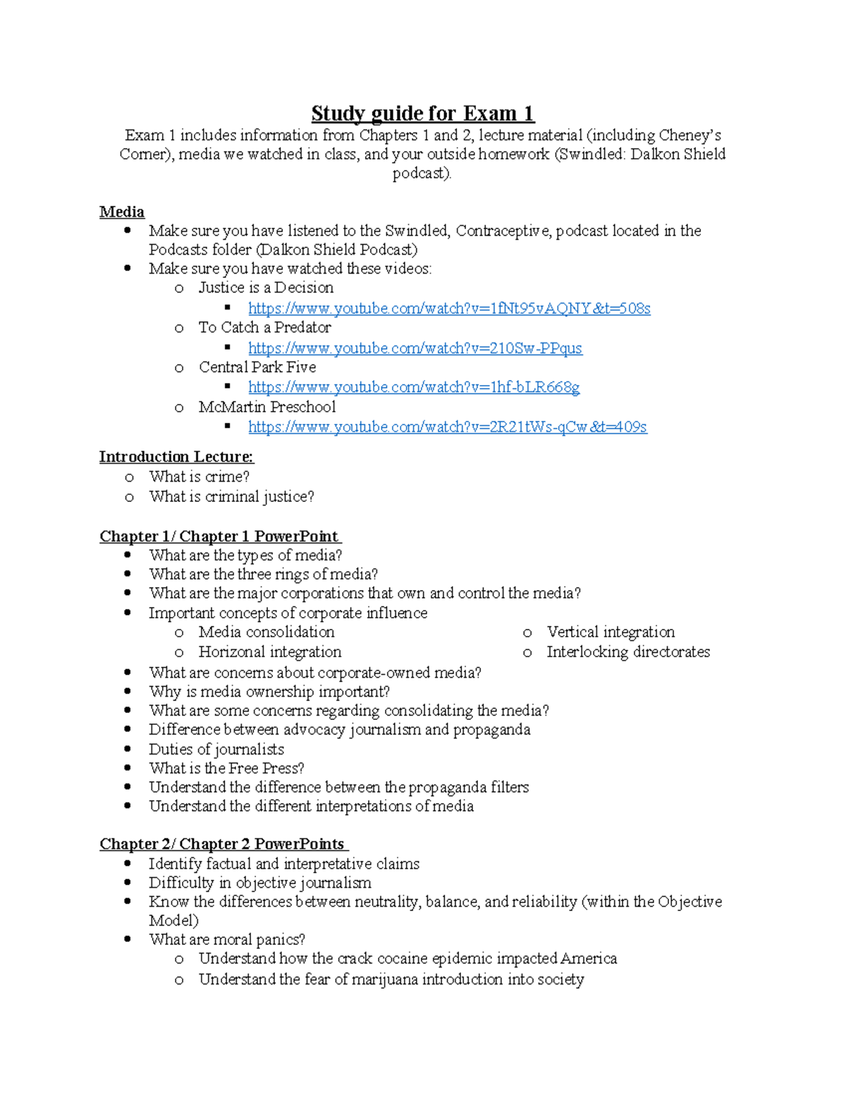 Exam 1 Study Guide - Study guide for Exam 1 Exam 1 includes information ...