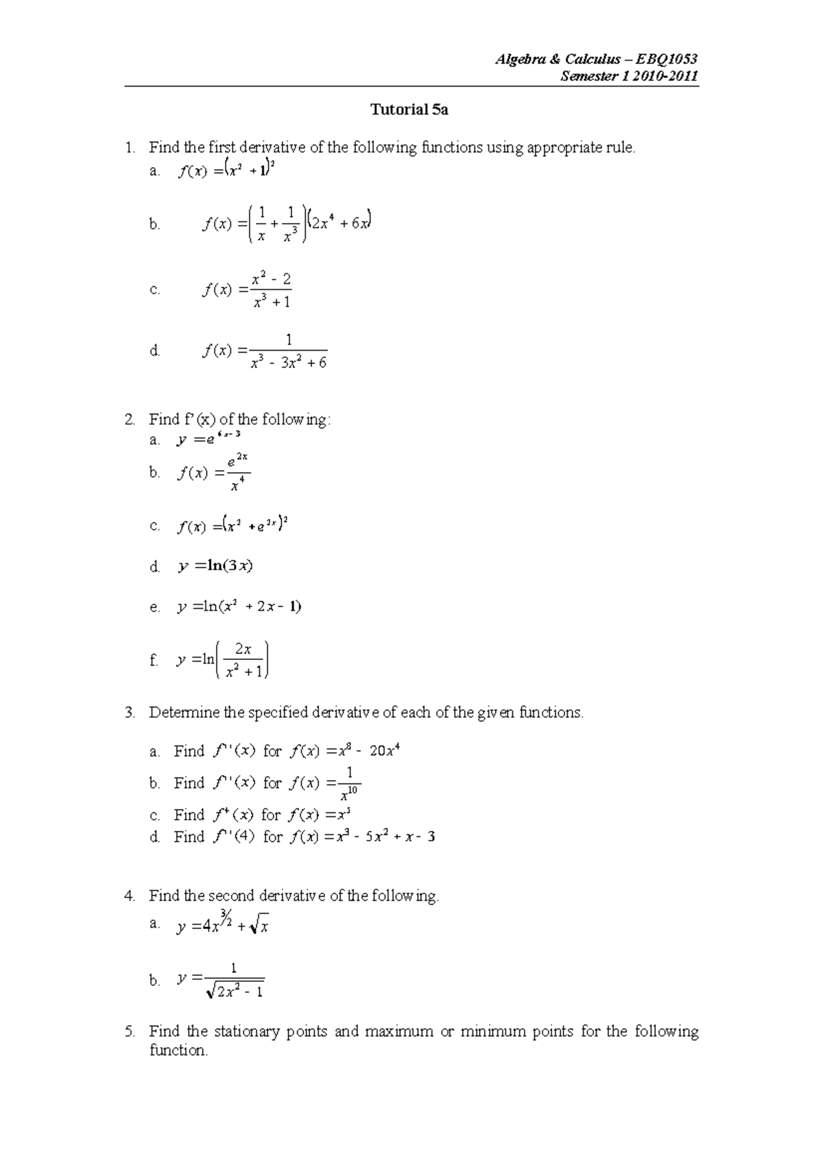 Tutorial 5A - some exercise for those that taking Algebra and Calculus ...