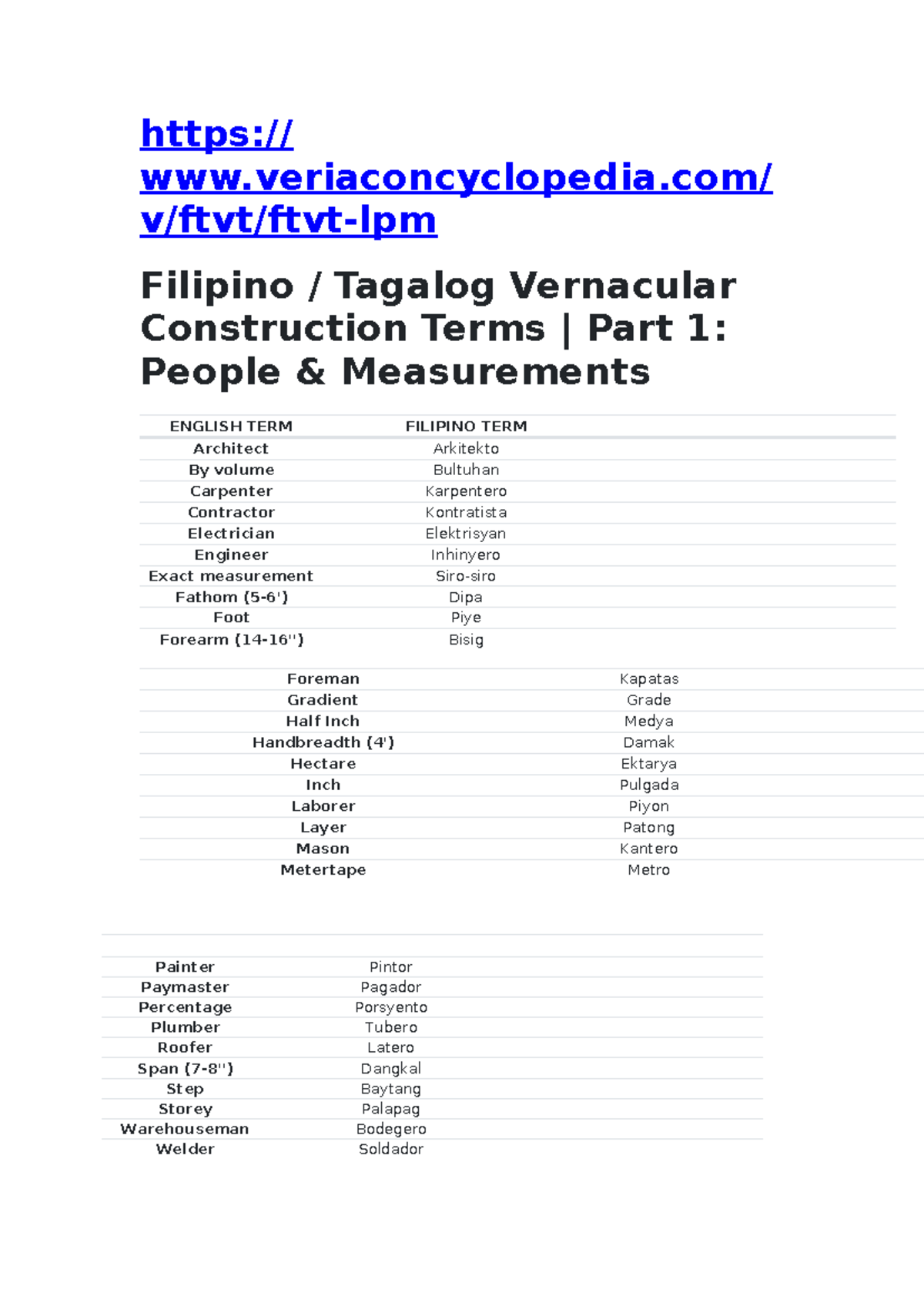 Construction vernacular terms - https:// veriaconcyclopedia/ v/ftvt ...