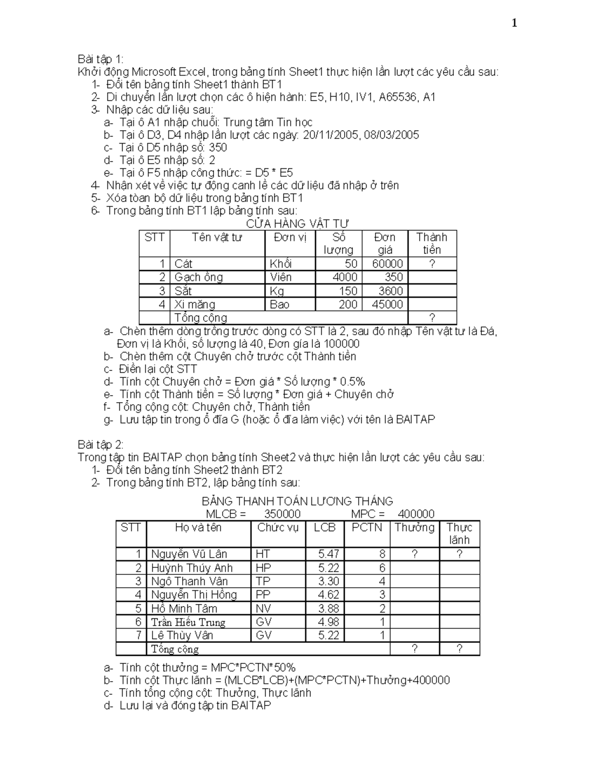 Bài tập thực hành - Microsoft Excel - Bài tập 1: Khởi động Microsoft Excel, trong bảng tính Sheet1 - StuDocu