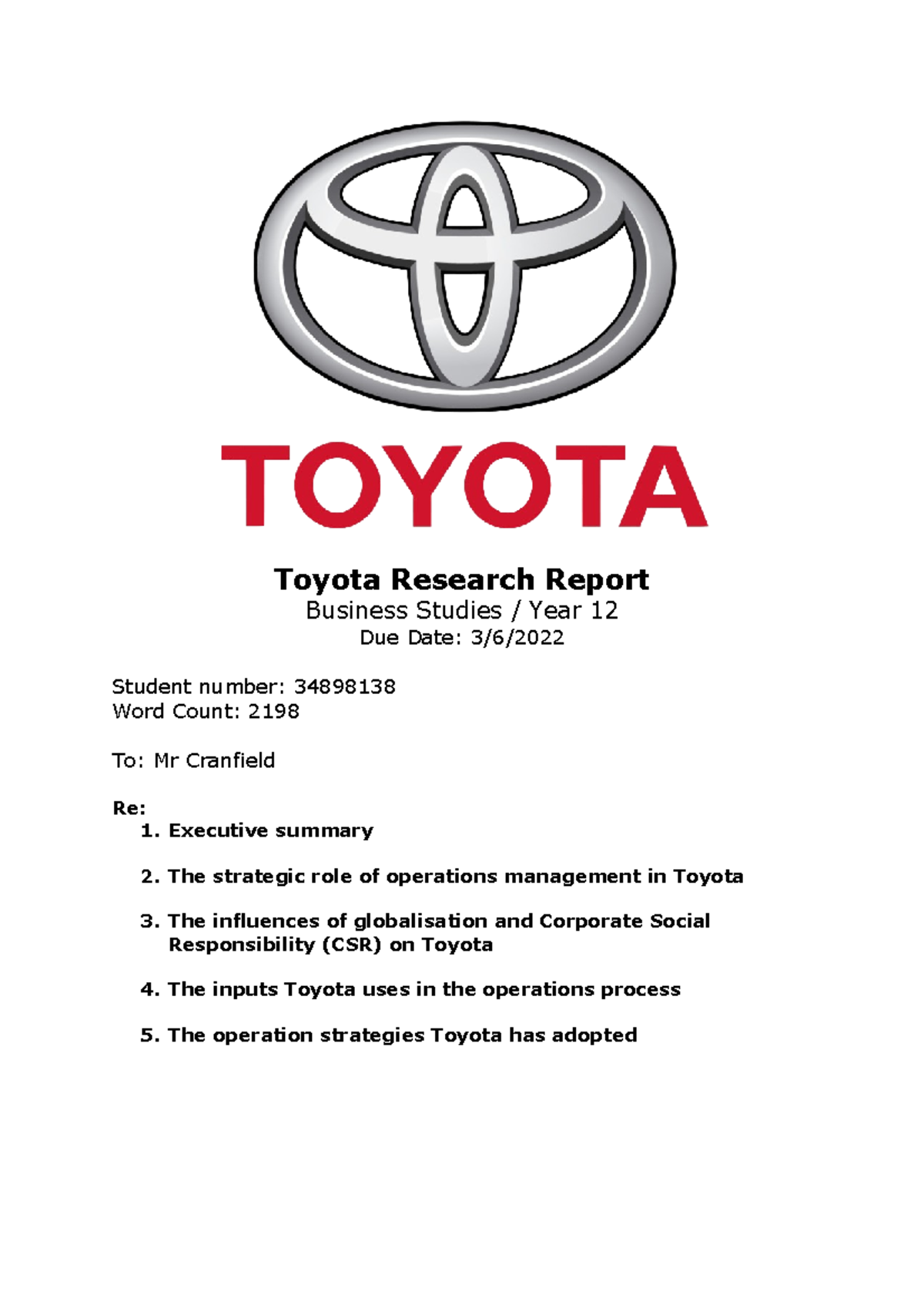 Business Report - Toyota Research Report Business Studies / Year 12 Due ...