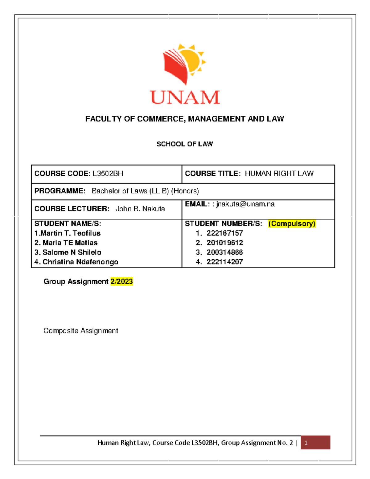 Human Rights Law Group assignment 2 - Human Right Law, Course Code ...