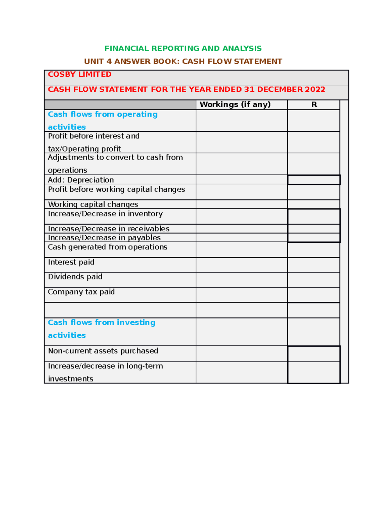 FIN REP & Analysis UNIT 4 CASH FLOW Statement Answer BOOK - FINANCIAL ...