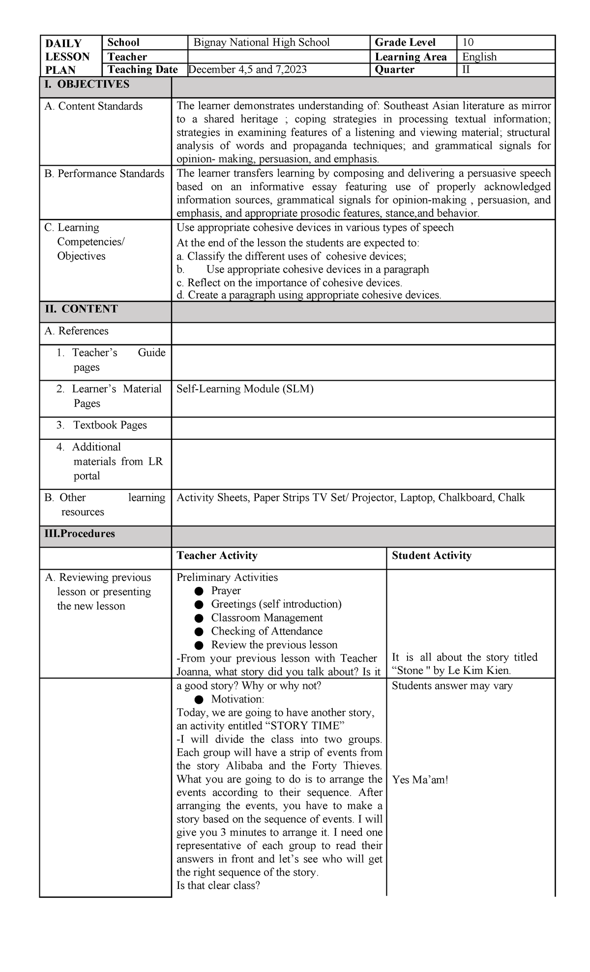 Lessonplancohesive-devices - DAILY LESSON PLAN School Bignay National ...