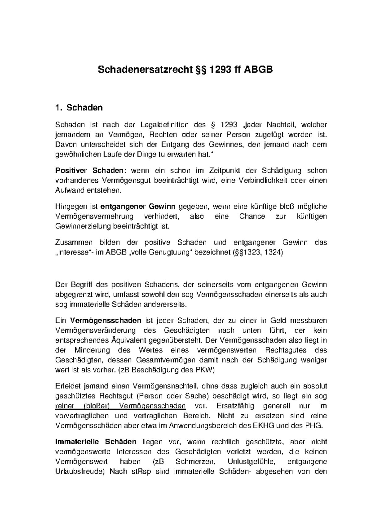 Schadenersatzrecht Zusammenfassung - Schadenersatzrecht §§ 1293 Ff ABGB ...