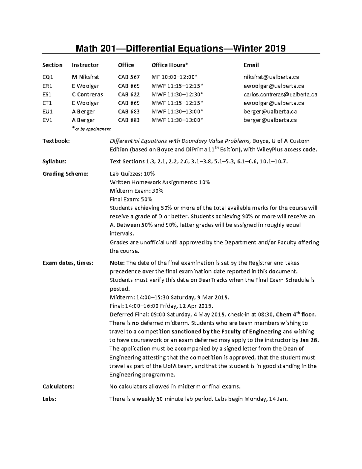 Course Outlineof Math - Math 201—Differential Equations—Winter 2019 ...