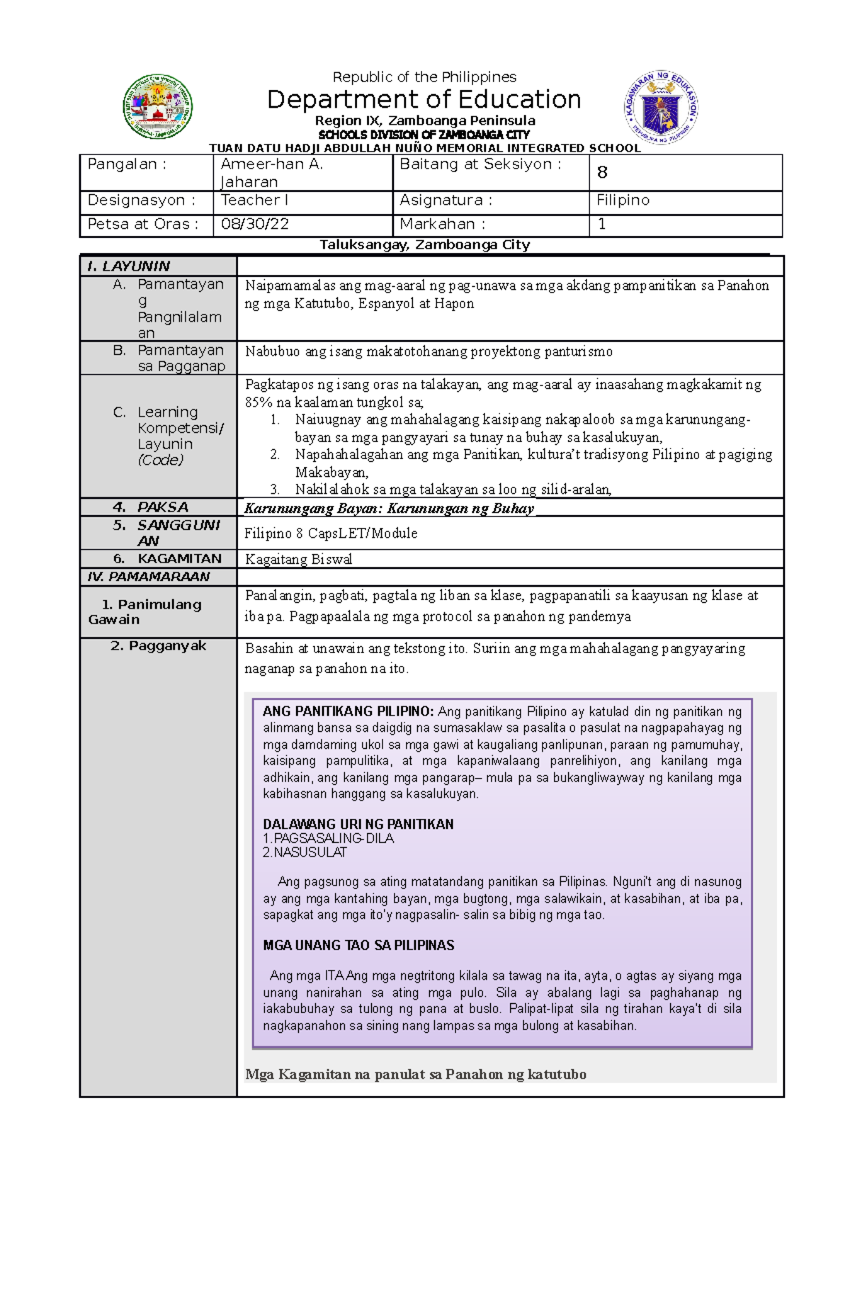 FIL8-1ST LP EXPL- Teaching - Republic of the Philippines Department of ...