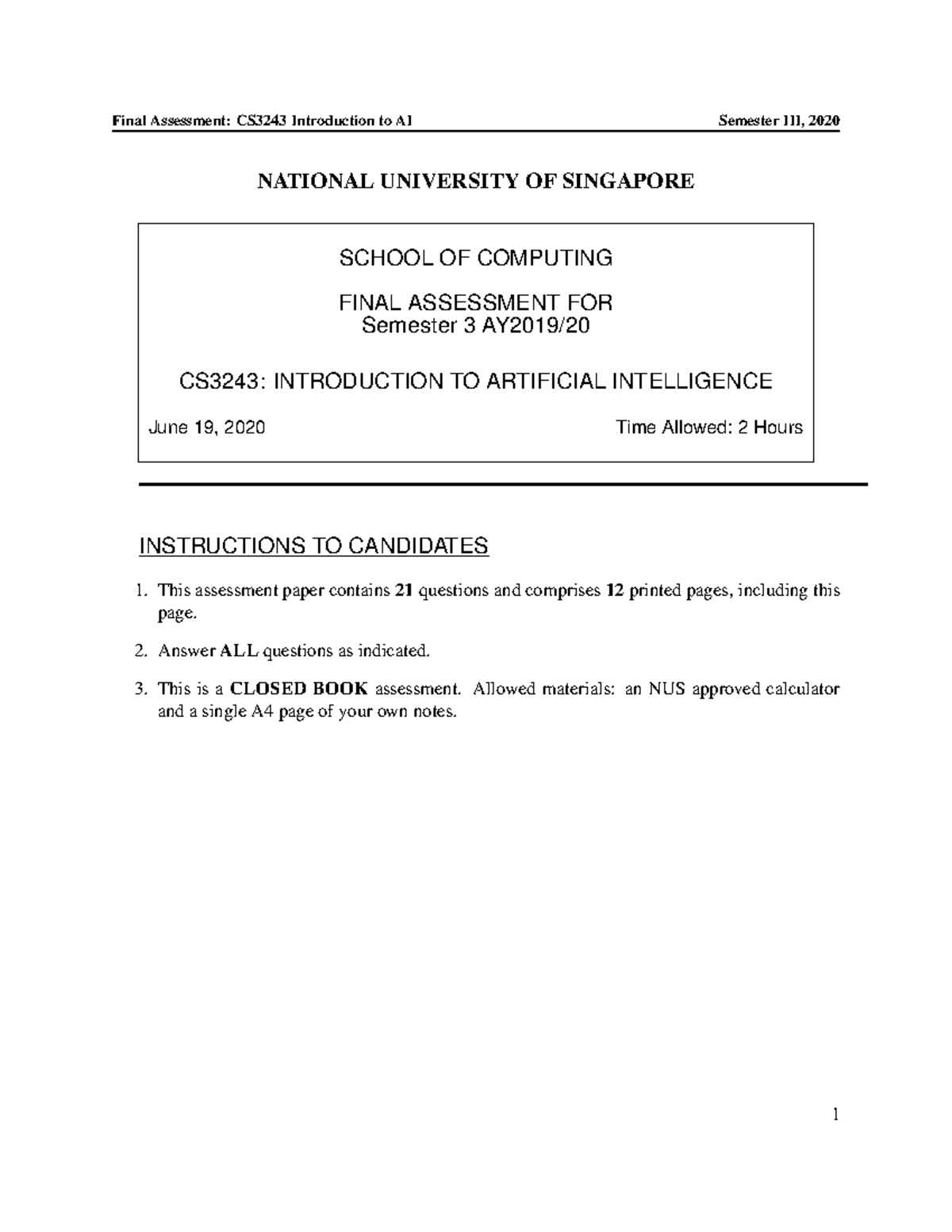 2019-2020 Semester 2 Paper -CS3243 - NATIONAL UNIVERSITY OF SINGAPORE ...