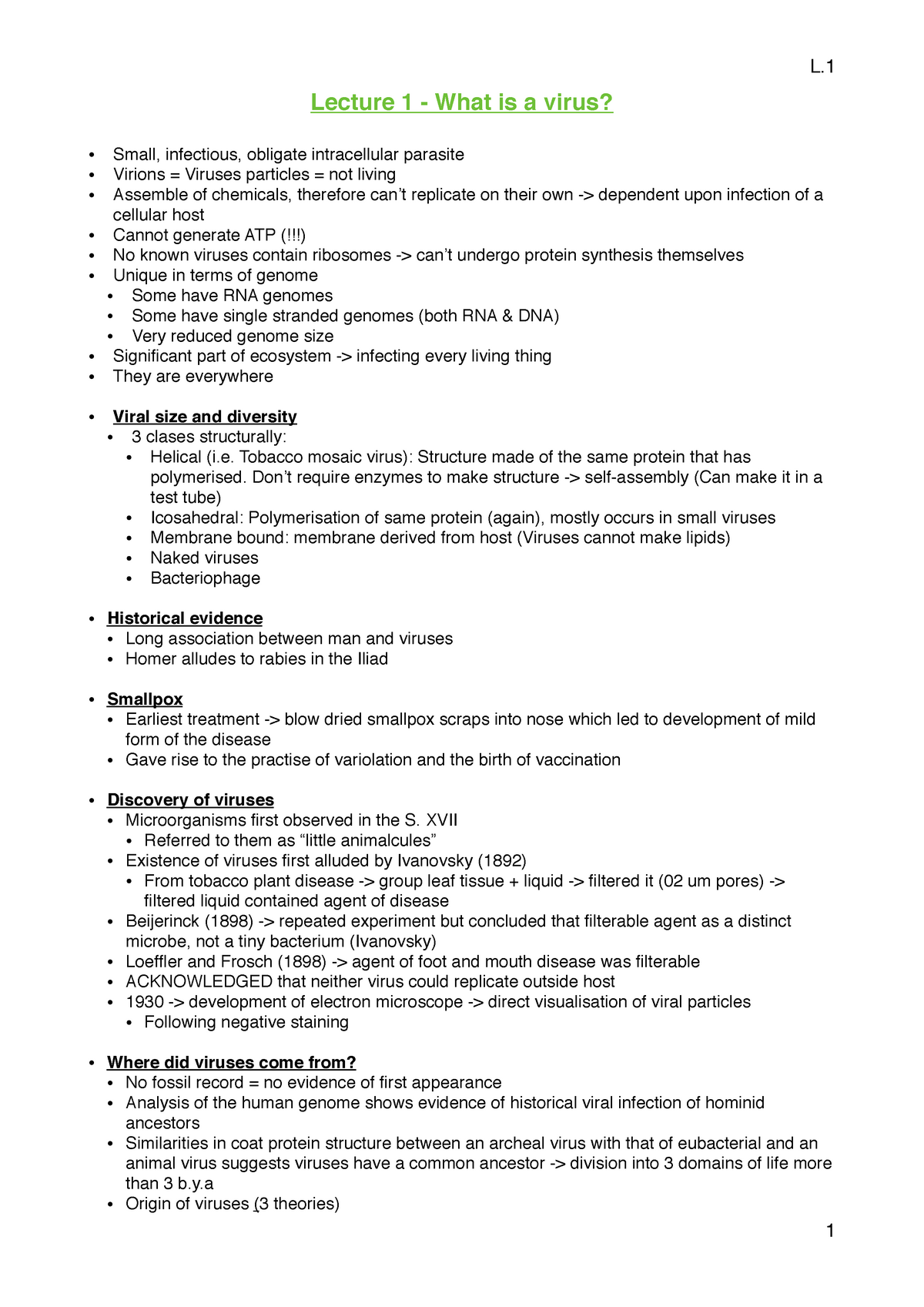 Lecture 1- Virology - L Lecture 1 - What Is A Virus? • Small ...