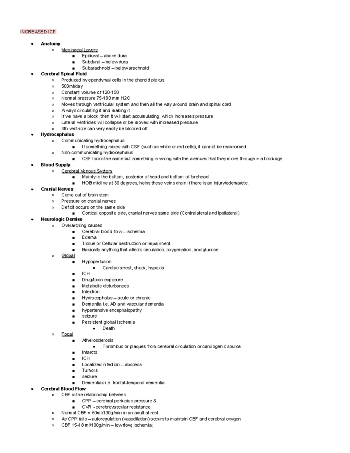 Senior Med/Surg Exam 2 Notes - INCREASED ICP Anatomy Meningeal Layers ...