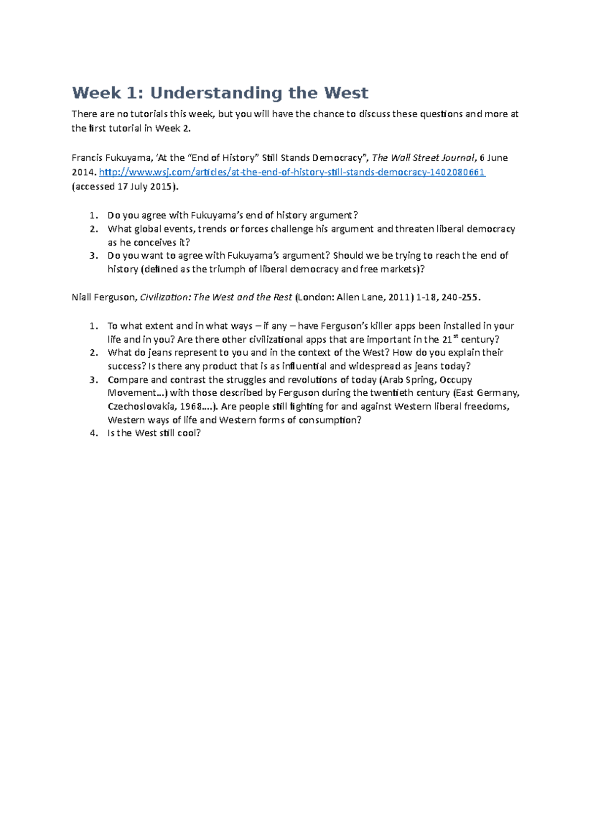 Reading Notes - 1 The West - Week 1: Understanding the West There are ...