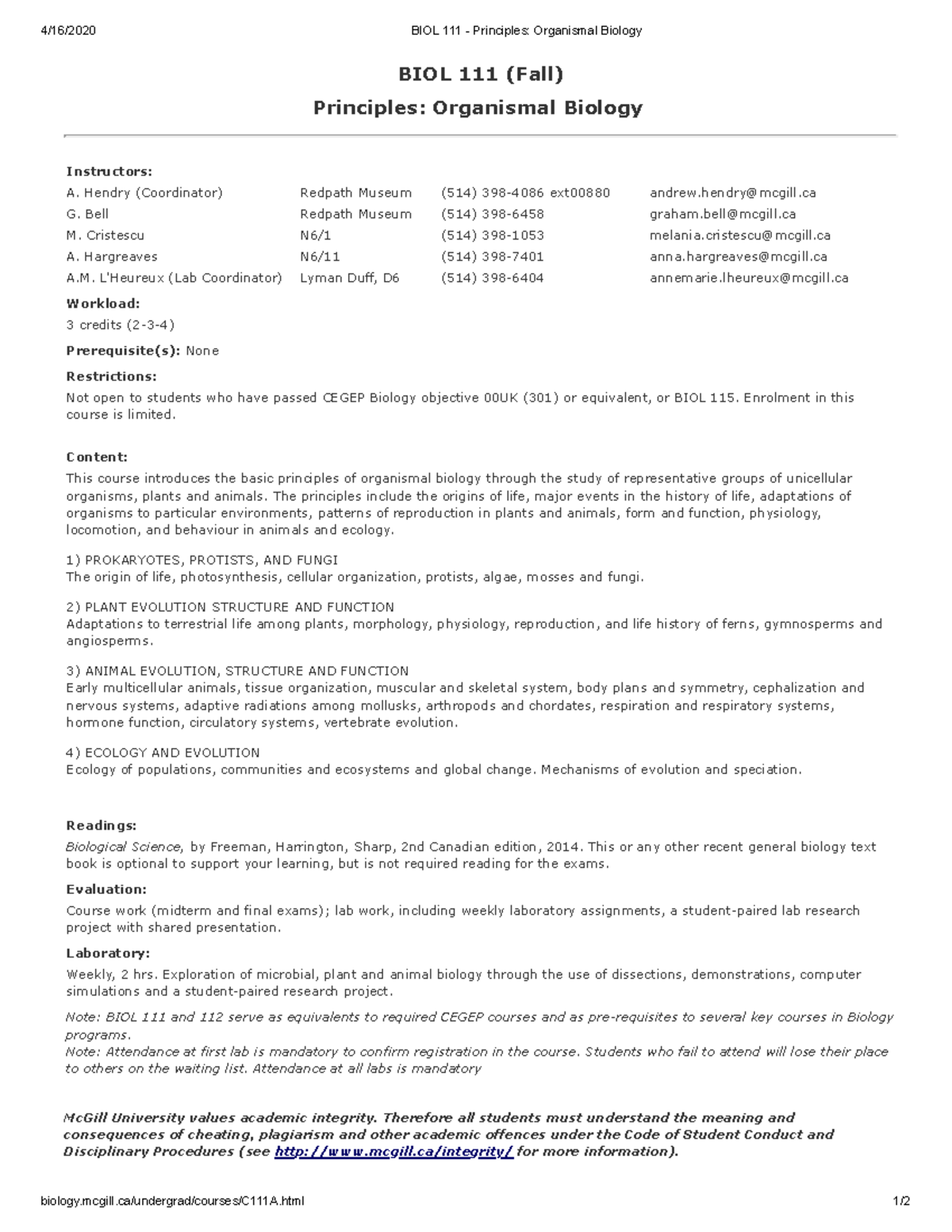 BIOL 111 Syllabus - 4/16/2020 BIOL 111 - Principles: Organismal Biology ...