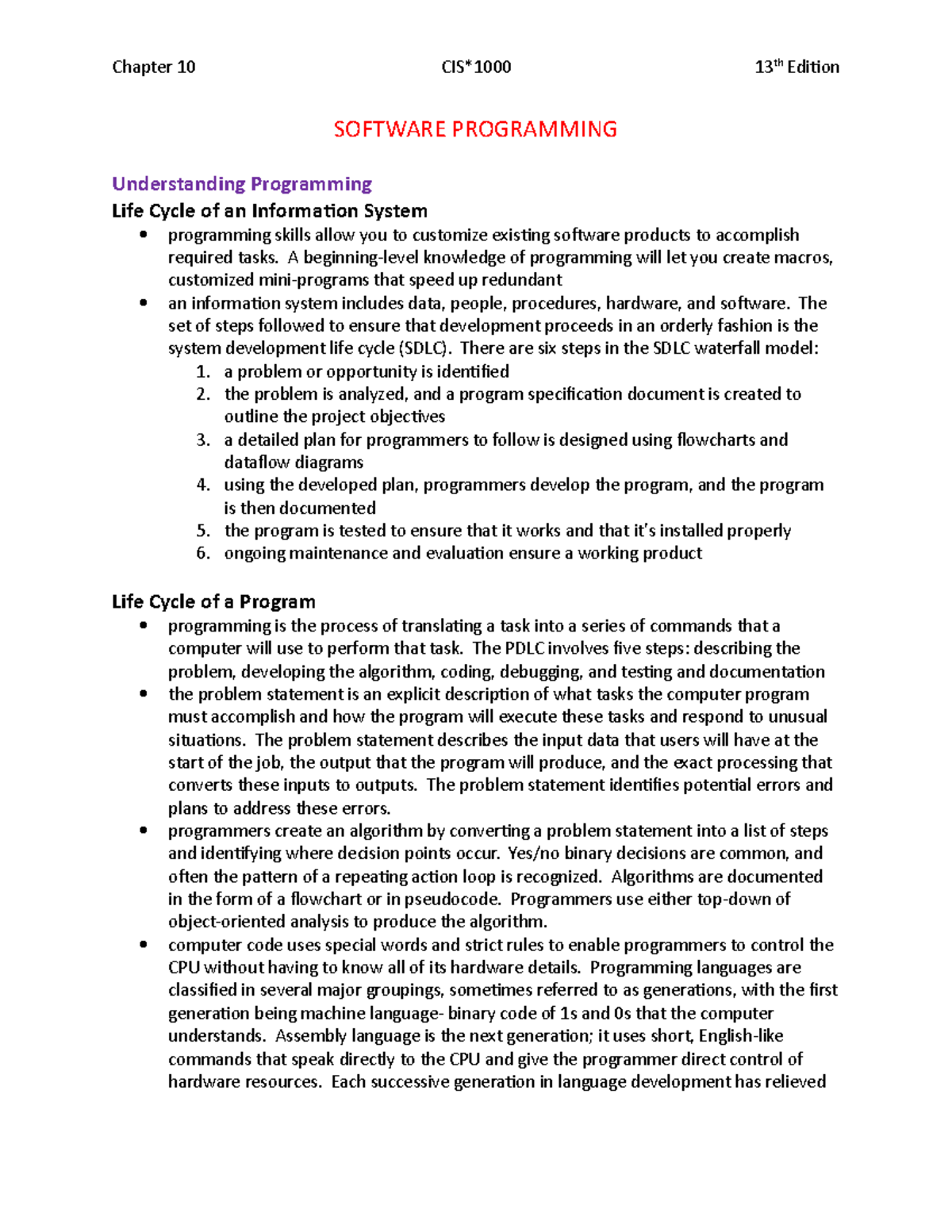 Chapter 10 TB Summary - Chapter 10 13th Edition SOFTWARE PROGRAMMING ...