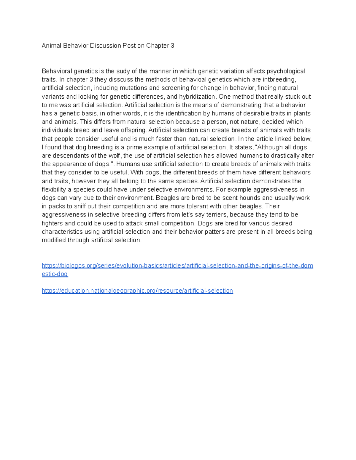 Chapter 3 Animal Behavior DB Animal Behavior Discussion Post on