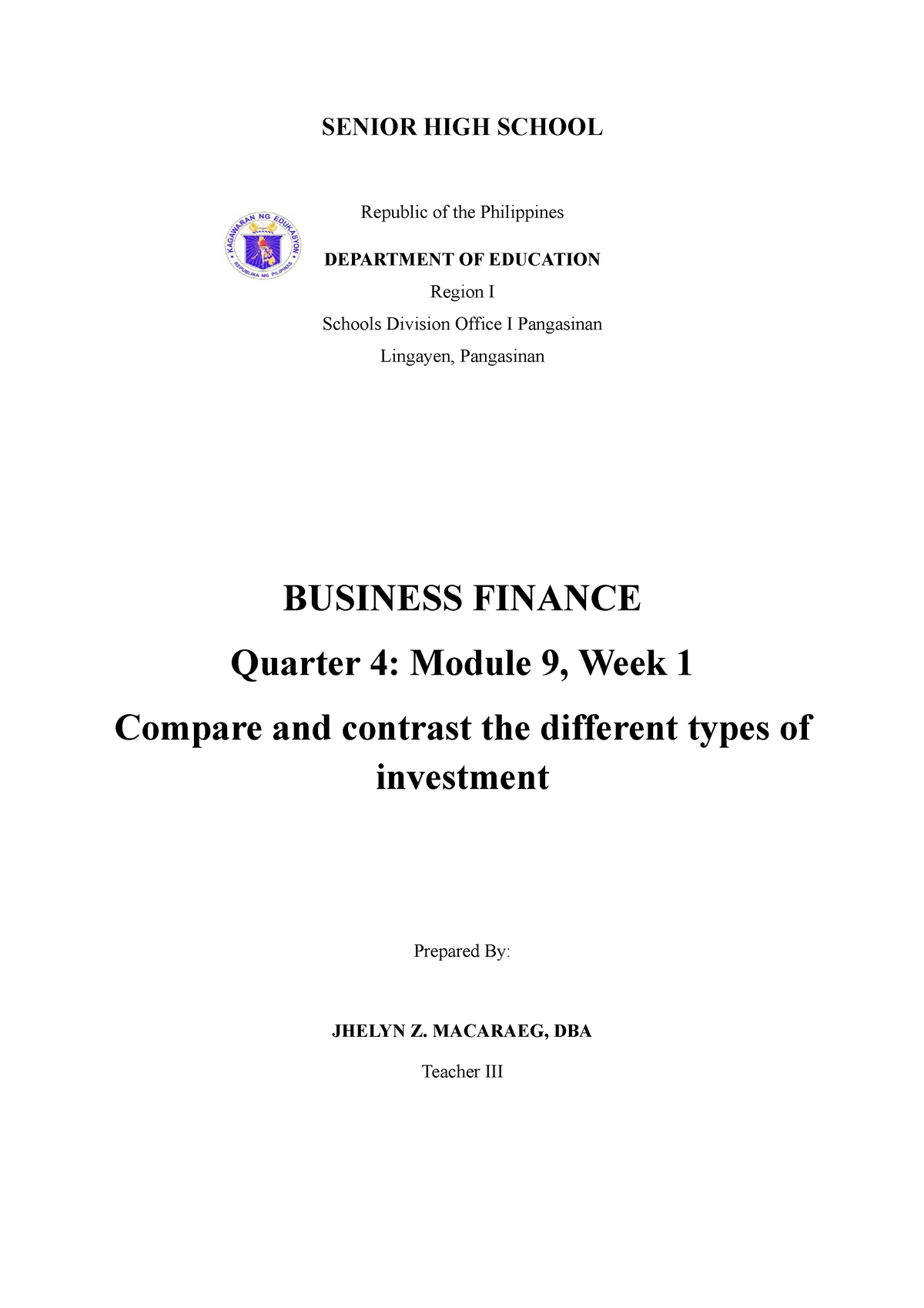 Business Finance Q4 Week 1 Module - SENIOR HIGH SCHOOL Republic Of The ...