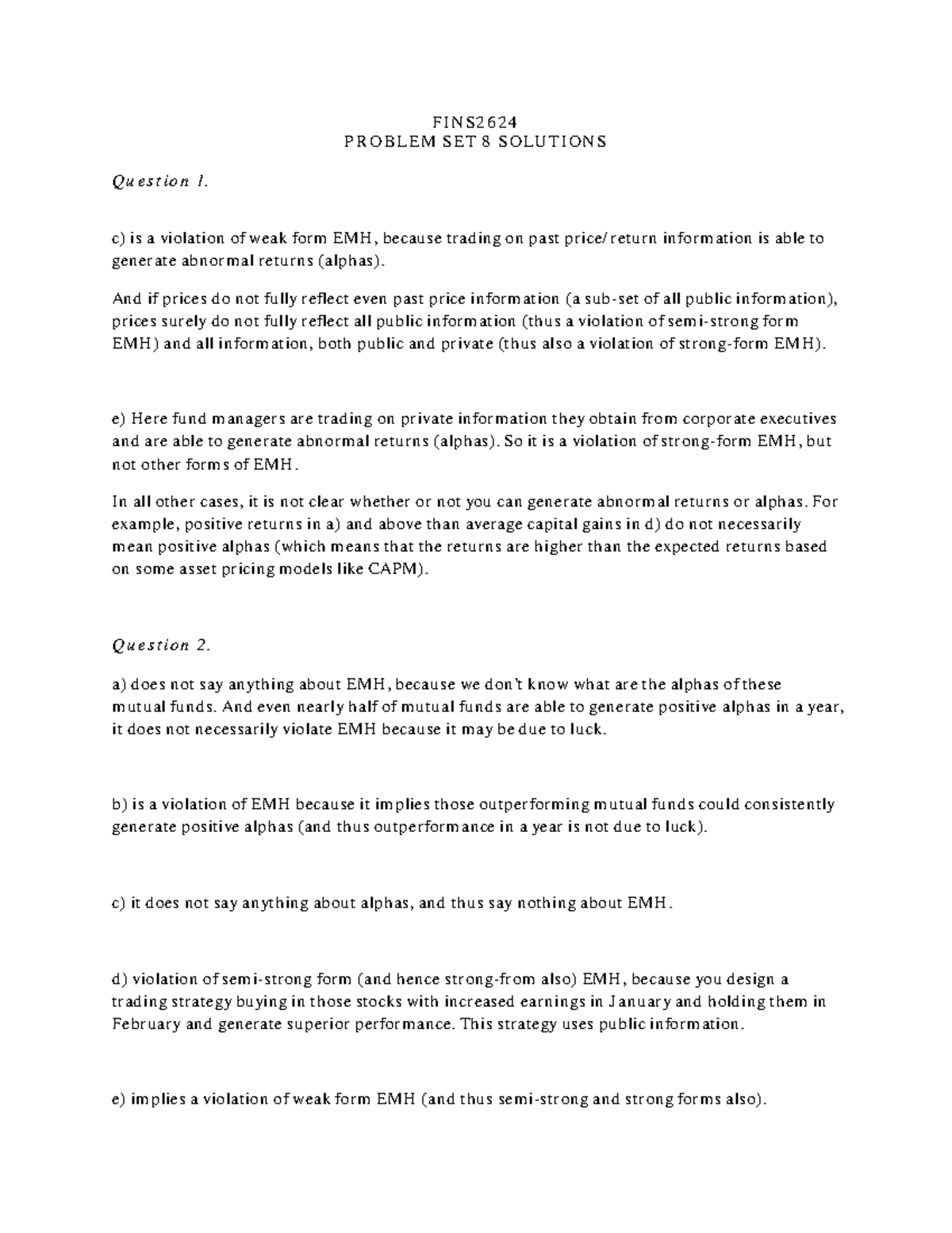 Problem set 8 solution - FINS2624 PROBLEM SET 8 SOLUTIONS Question 1. c ...