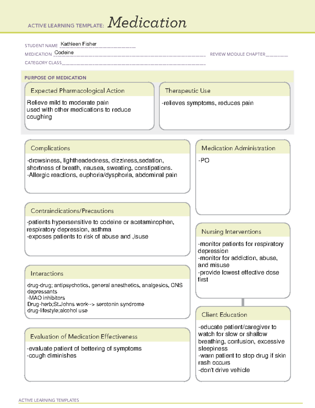 Codeine Medtemp - Ati Template - Active Learning Templates Medication 