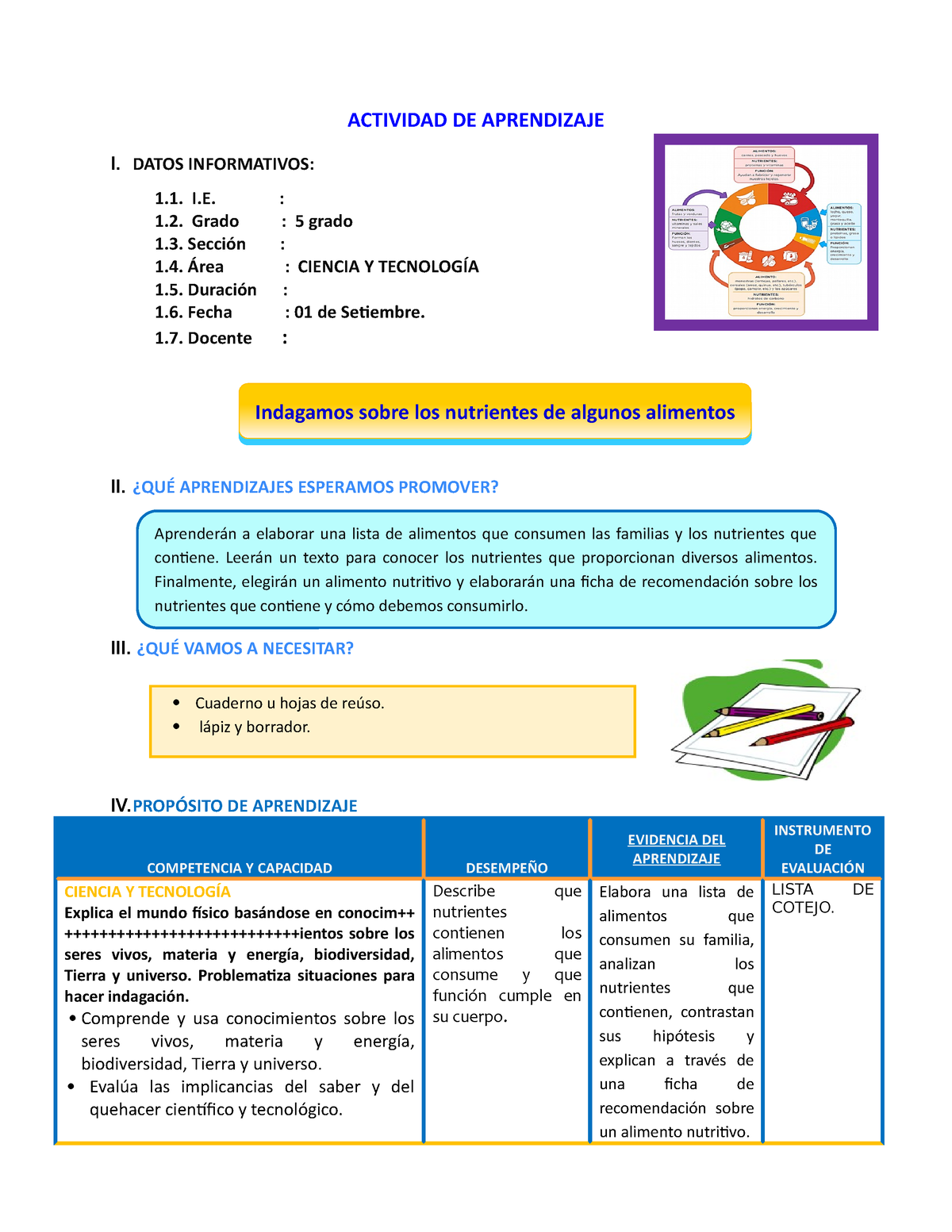 Dia 3 Sesion De Aprendizaje Indagamos Sobre Los Nutrientes De Algunos Alimentos 1 Actividad 5932