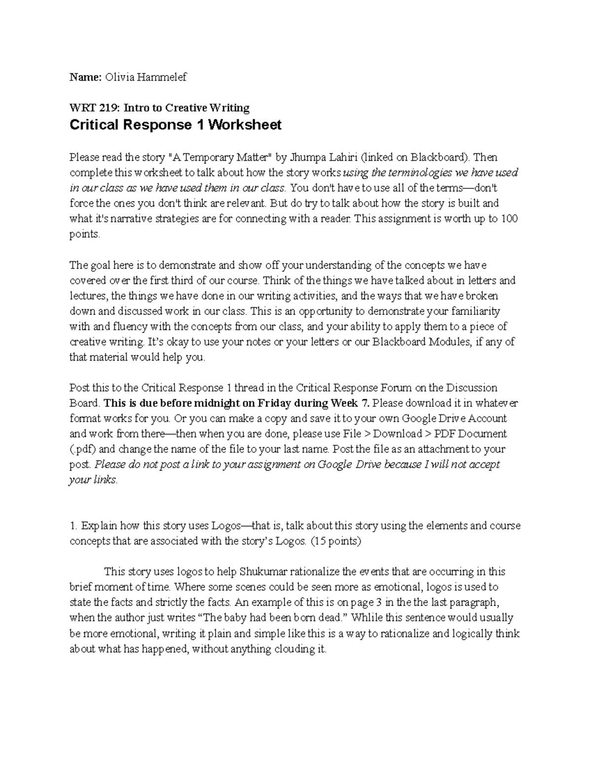 WRT 219 Critical Response 1 Name Olivia Hammelef WRT 219 Intro to