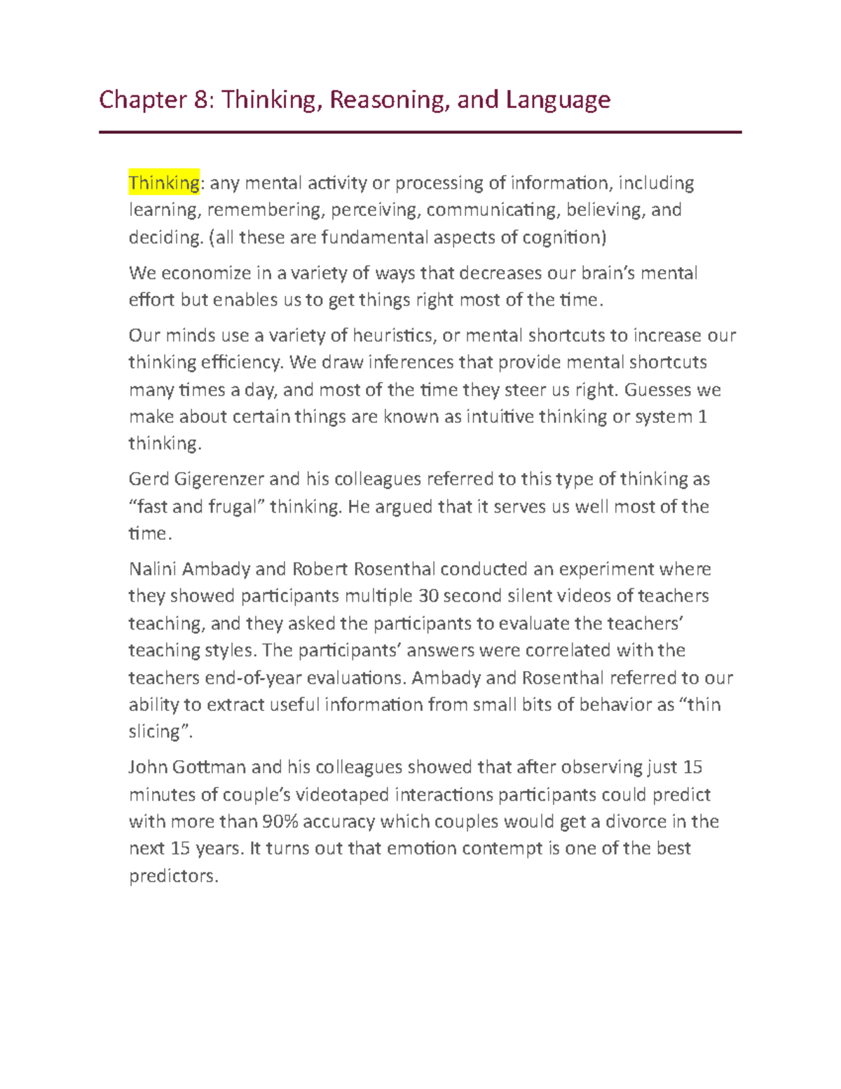 Chapter 8 - Lecture notes 8 - Chapter 8: Thinking, Reasoning, and ...