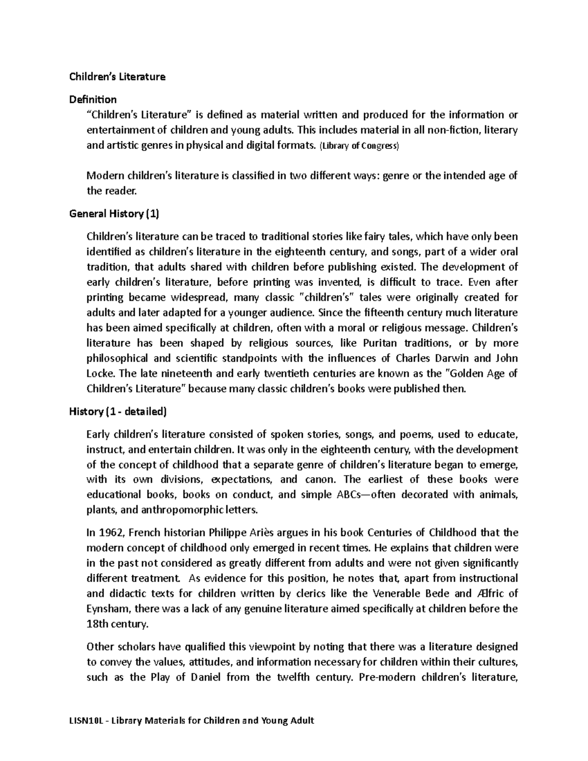 1 History of Children Literature Children’s Literature Definition