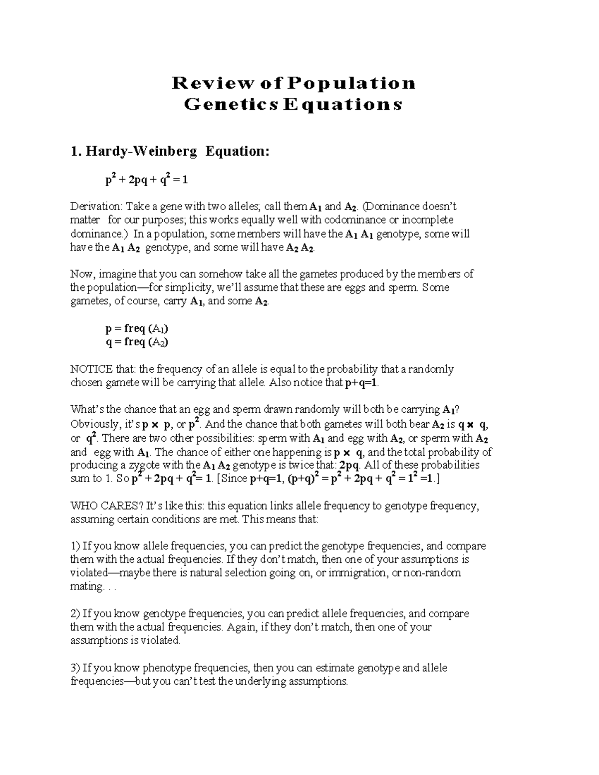 Pop-gen Equations - Review of Population Genetics Equations 1. Hardy ...