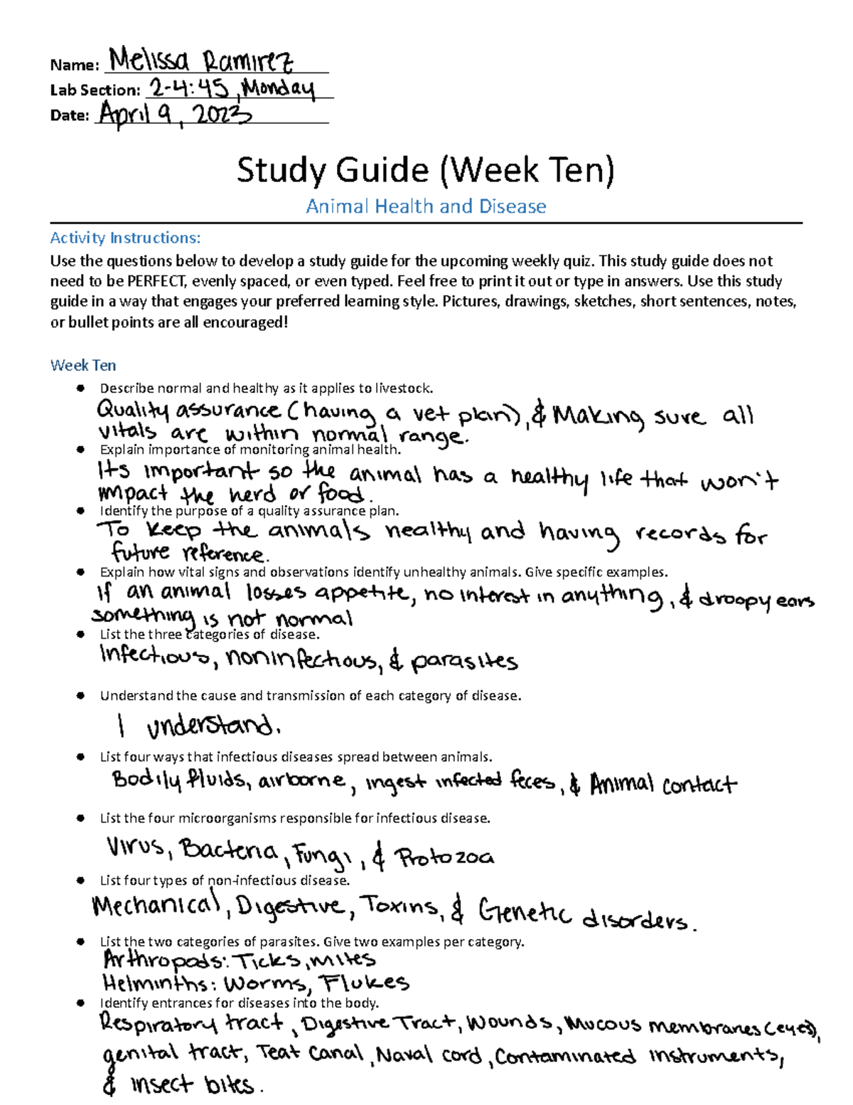 Study Guide wk 10 - Name: _________________________ Lab Section ...