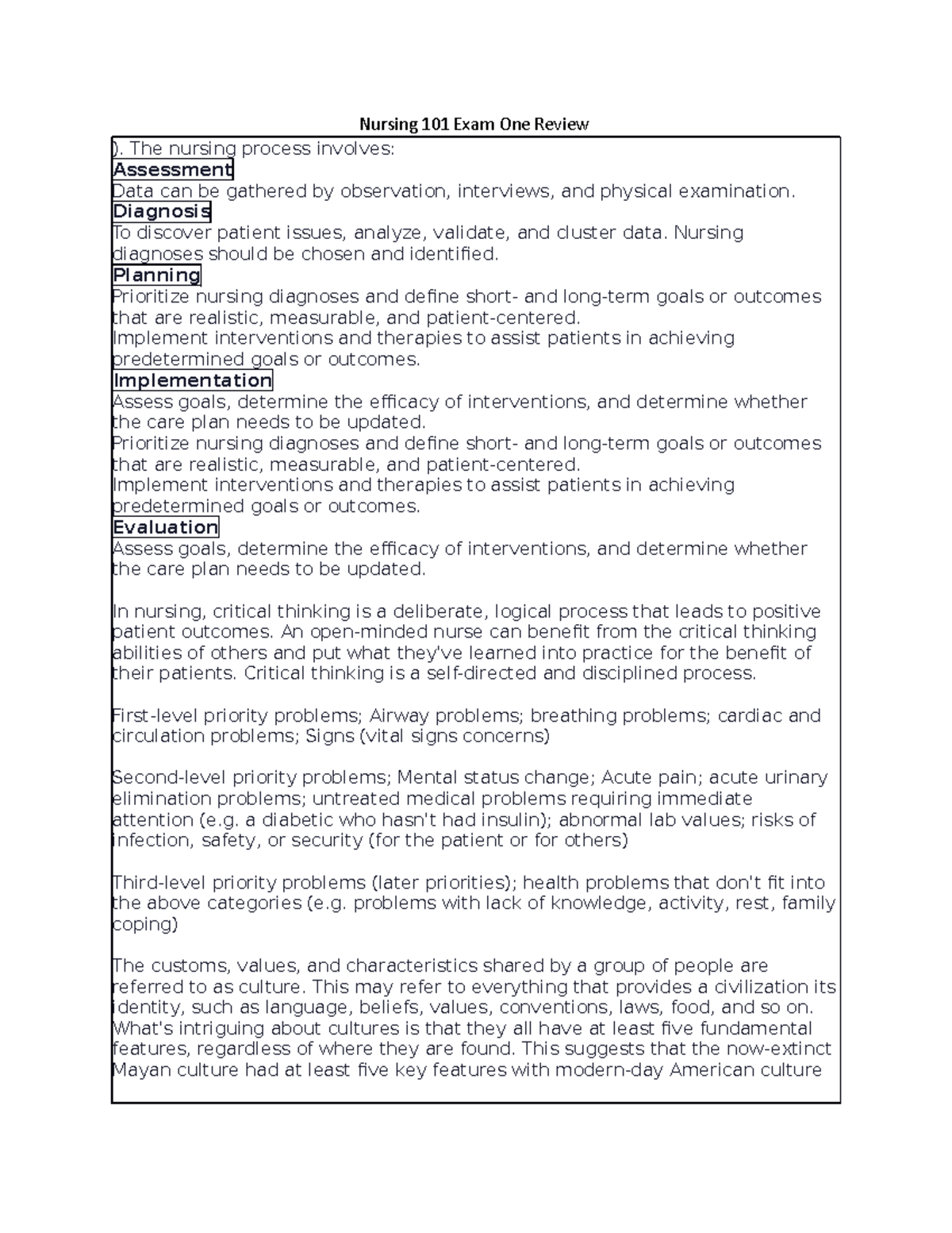 Health assessment Exam One Review - Nursing 101 Exam One Review ). The ...