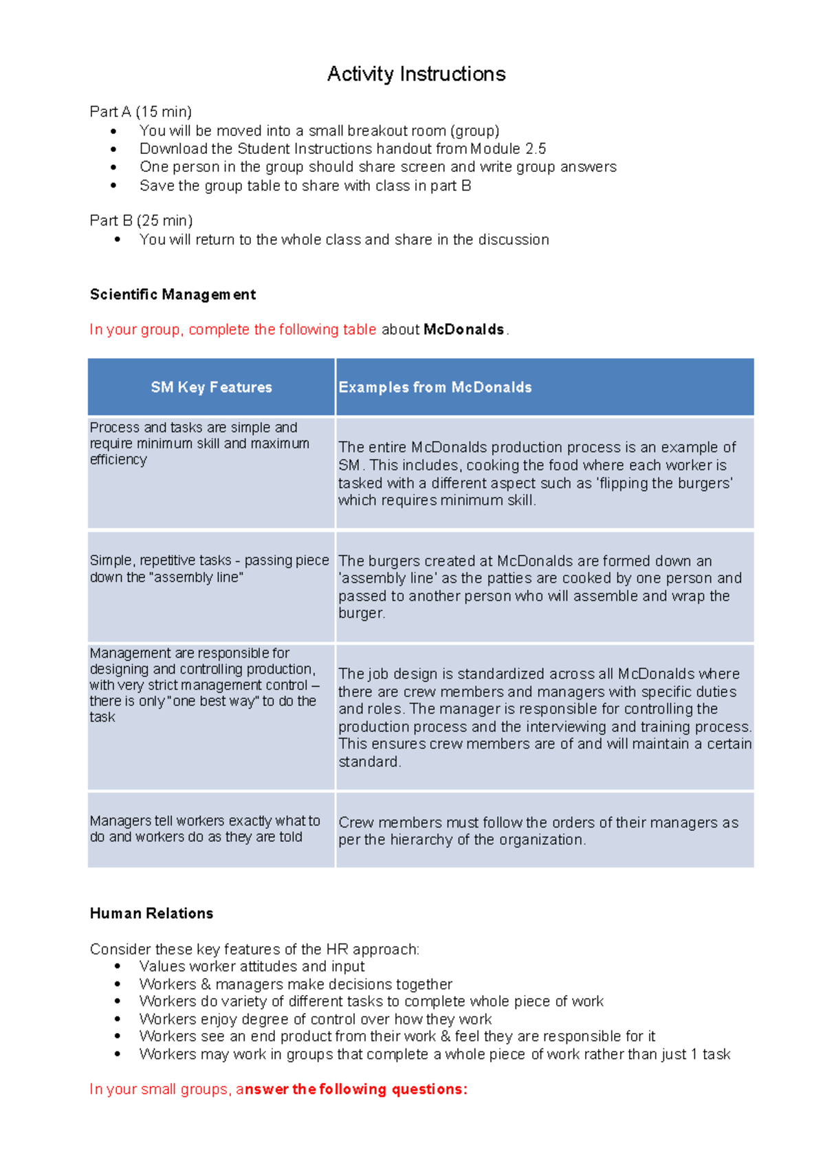 Module 2 (Mgmt Approaches) - Student Instructions handout - Activity ...