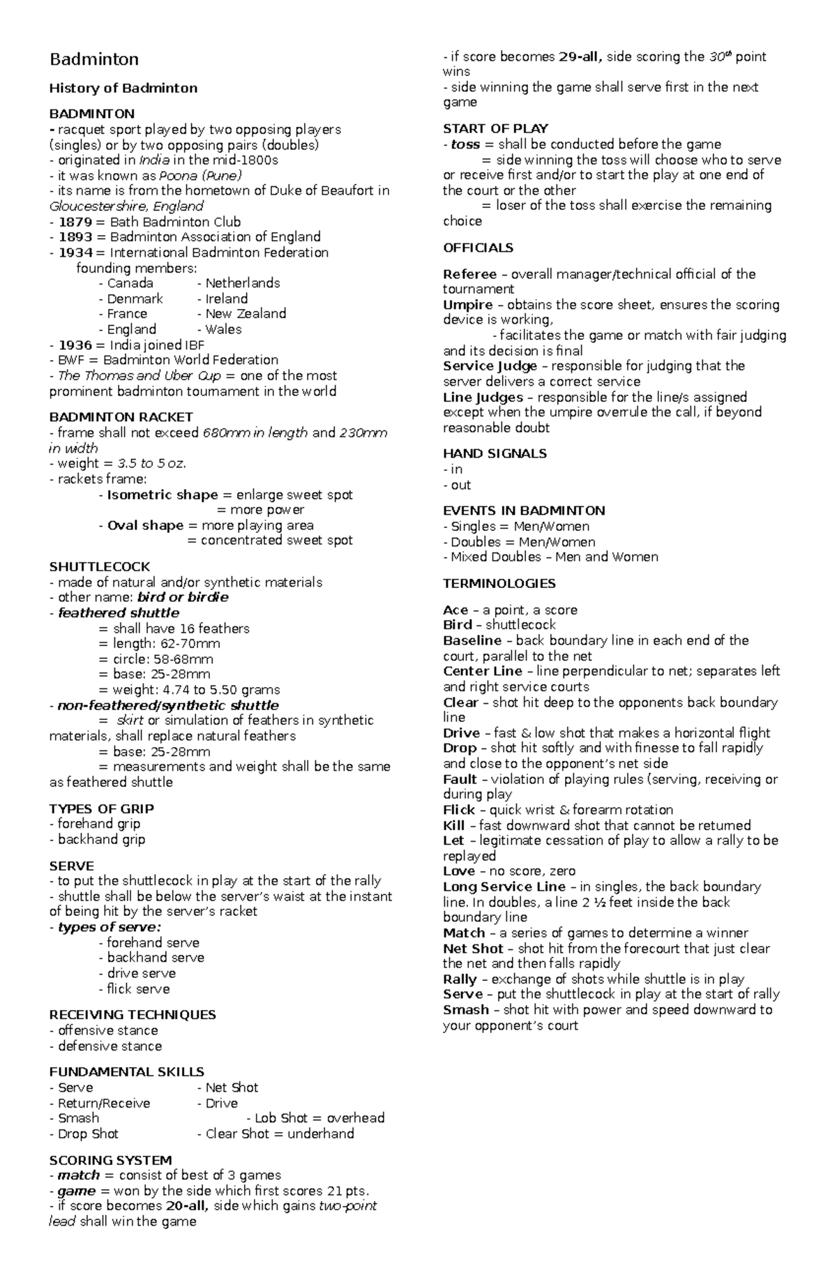 Midterms Reviewer - PE - Badminton - Badminton History of Badminton ...