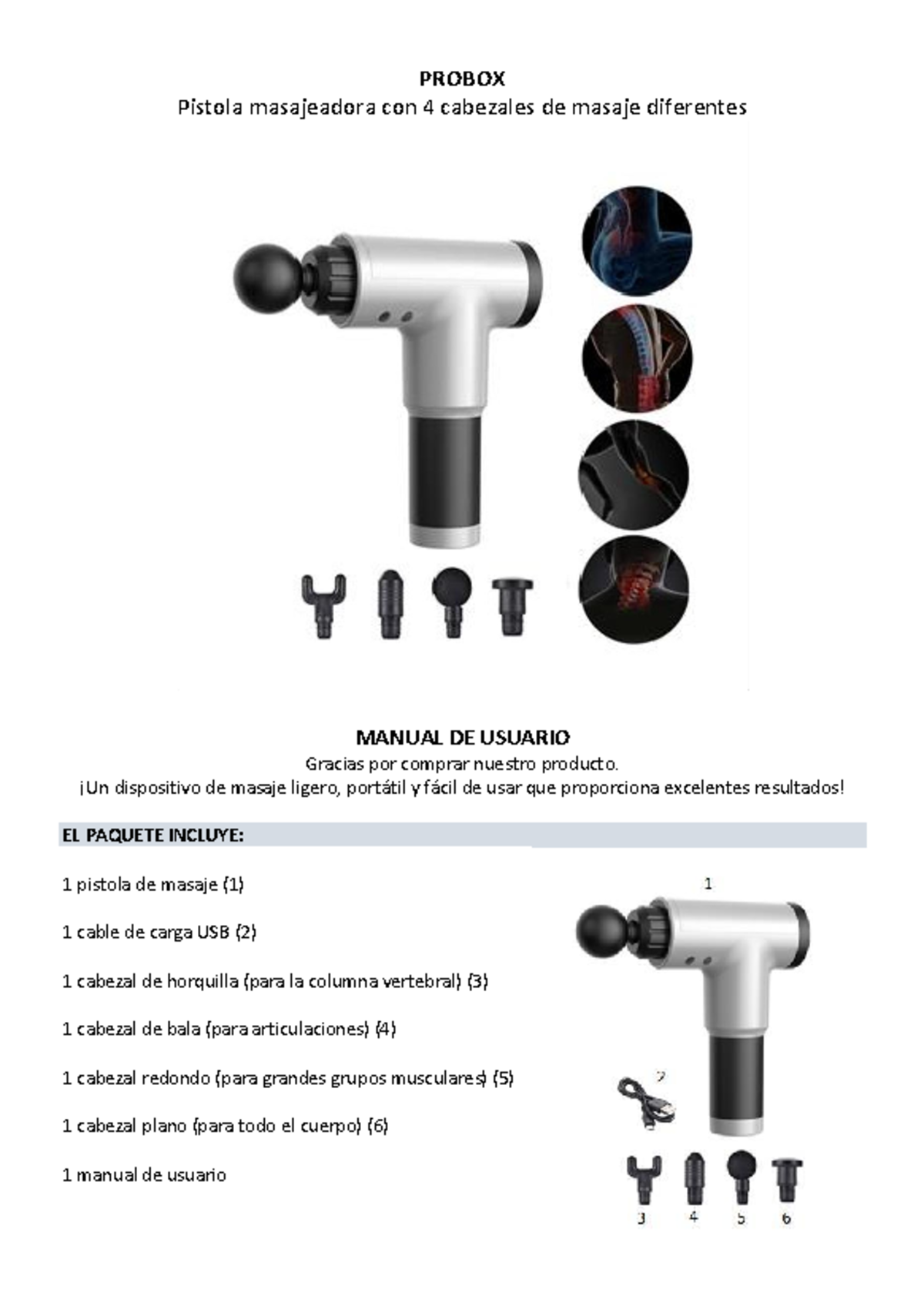 Probox ES - Manual - PROBOX Pistola masajeadora con 4 cabezales de ...