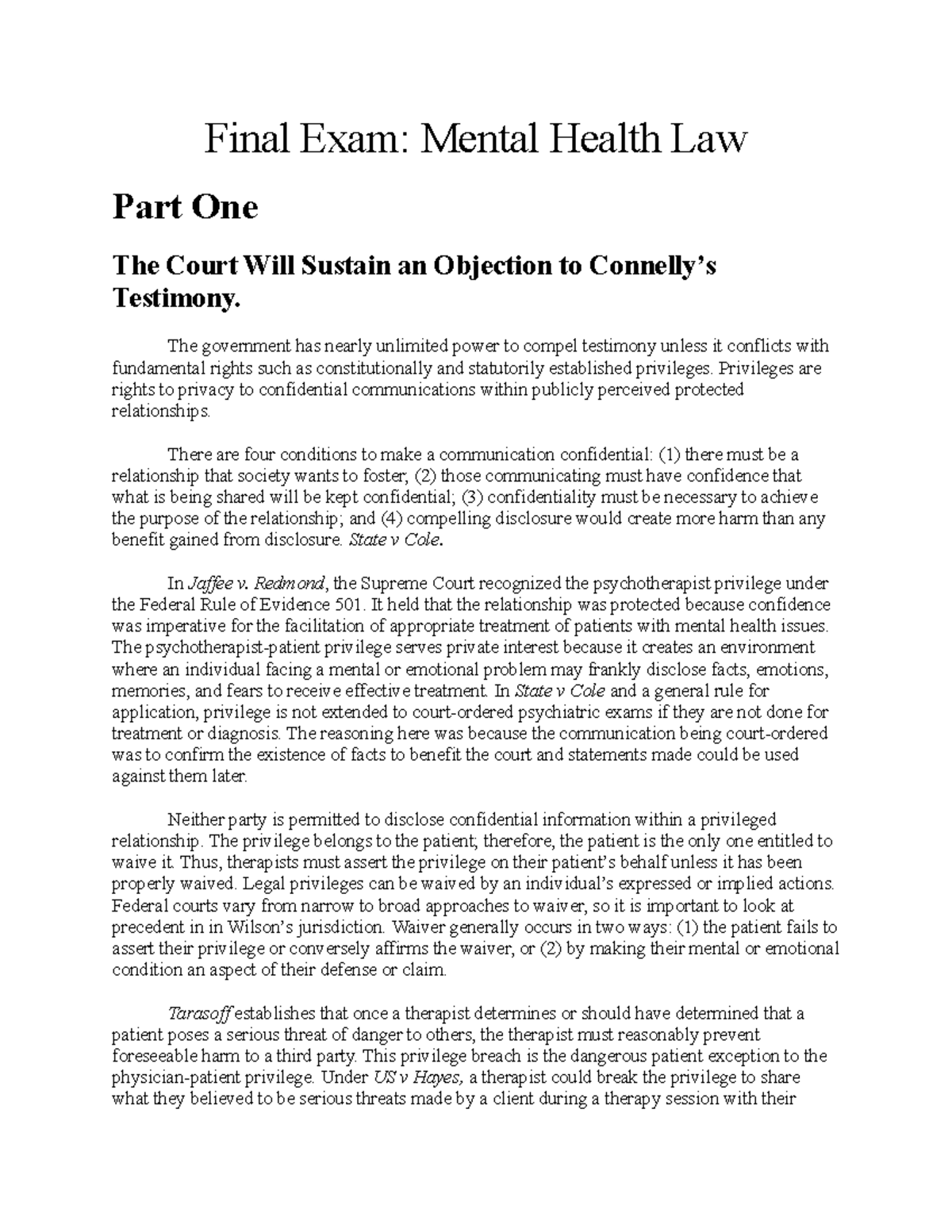 Mental health law final [exam answer] - Final Exam: Mental Health Law ...