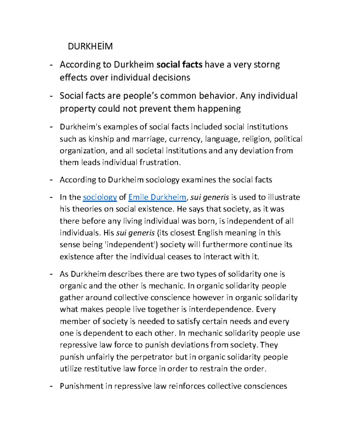 Soc summary - Lecture notes 1 - DURKHEİM - According to Durkheim social ...