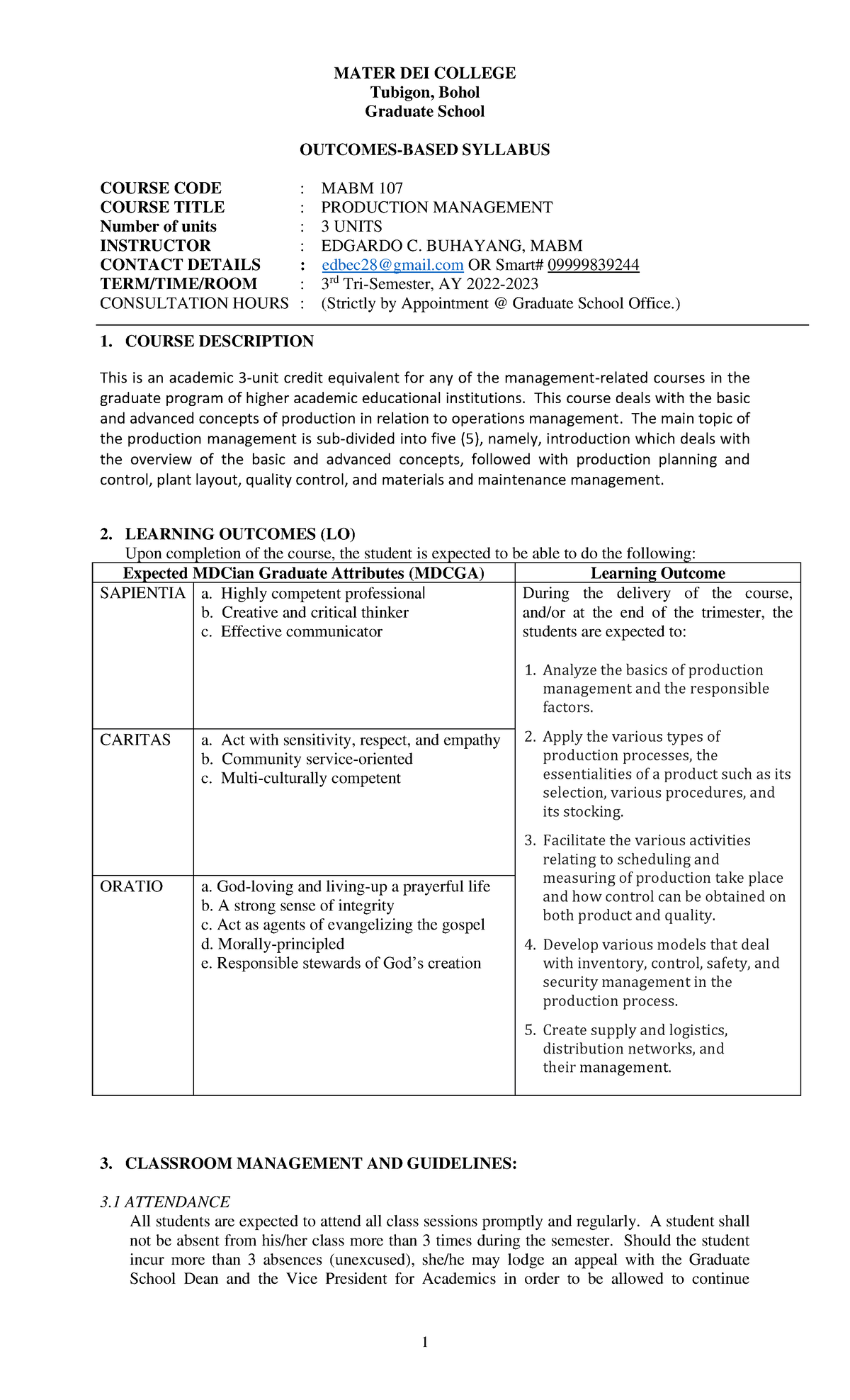 Syllabus IN Production Management - MATER DEI COLLEGE Tubigon, Bohol ...