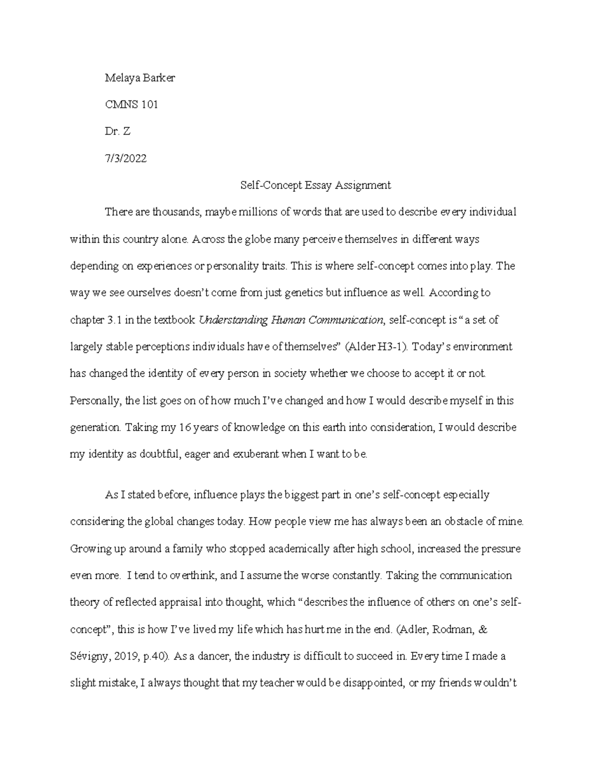 Self-Concept Essay Assignment - Melaya Barker CMNS 101 Dr. Z 7/3/ Self ...