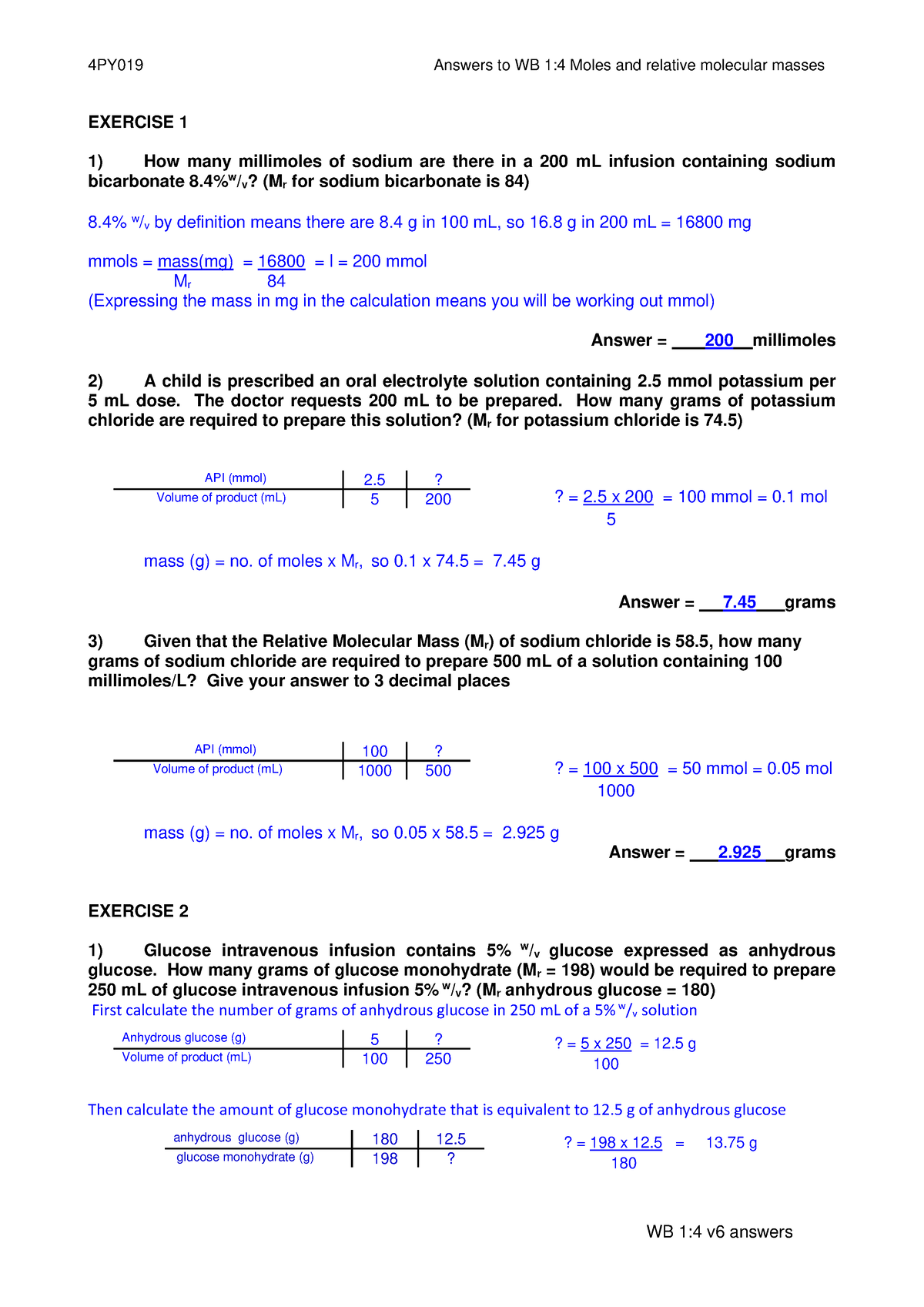 4PY019 Workbook 1-4 Moles And MW Answers - 4PY019 Answers To WB 1:4 ...