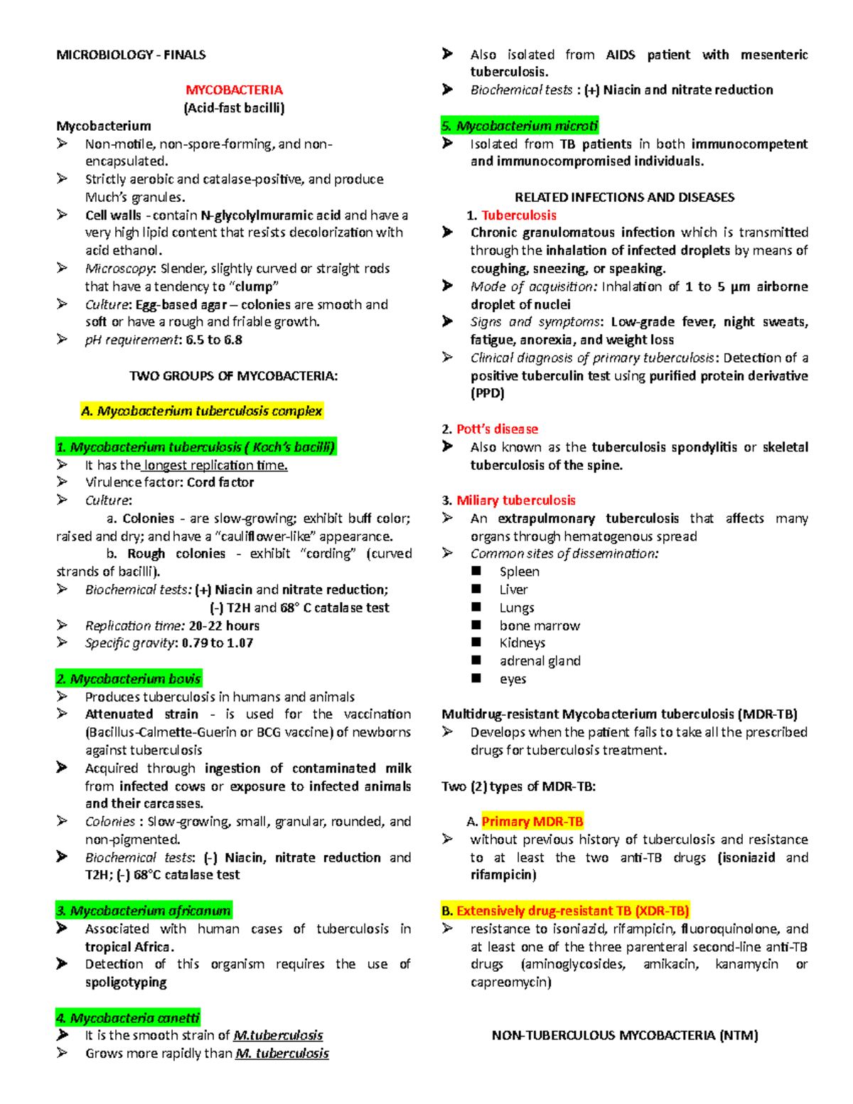 Microbiology - Mycobacteria (outline) - MICROBIOLOGY - FINALS ...