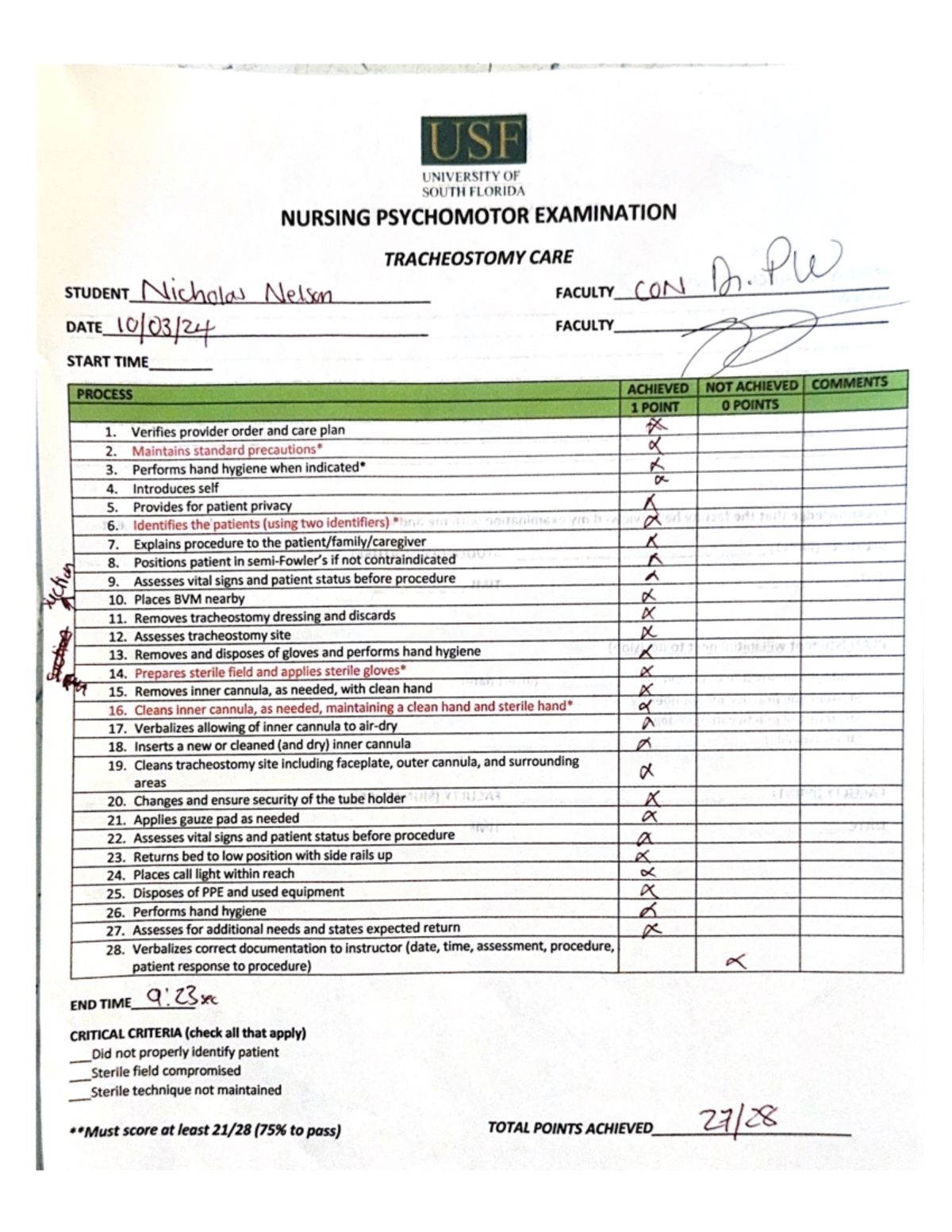 Trach Care Check Off Nelson USF UNIVERSITY OF SOUTH FLORIDA NURSING